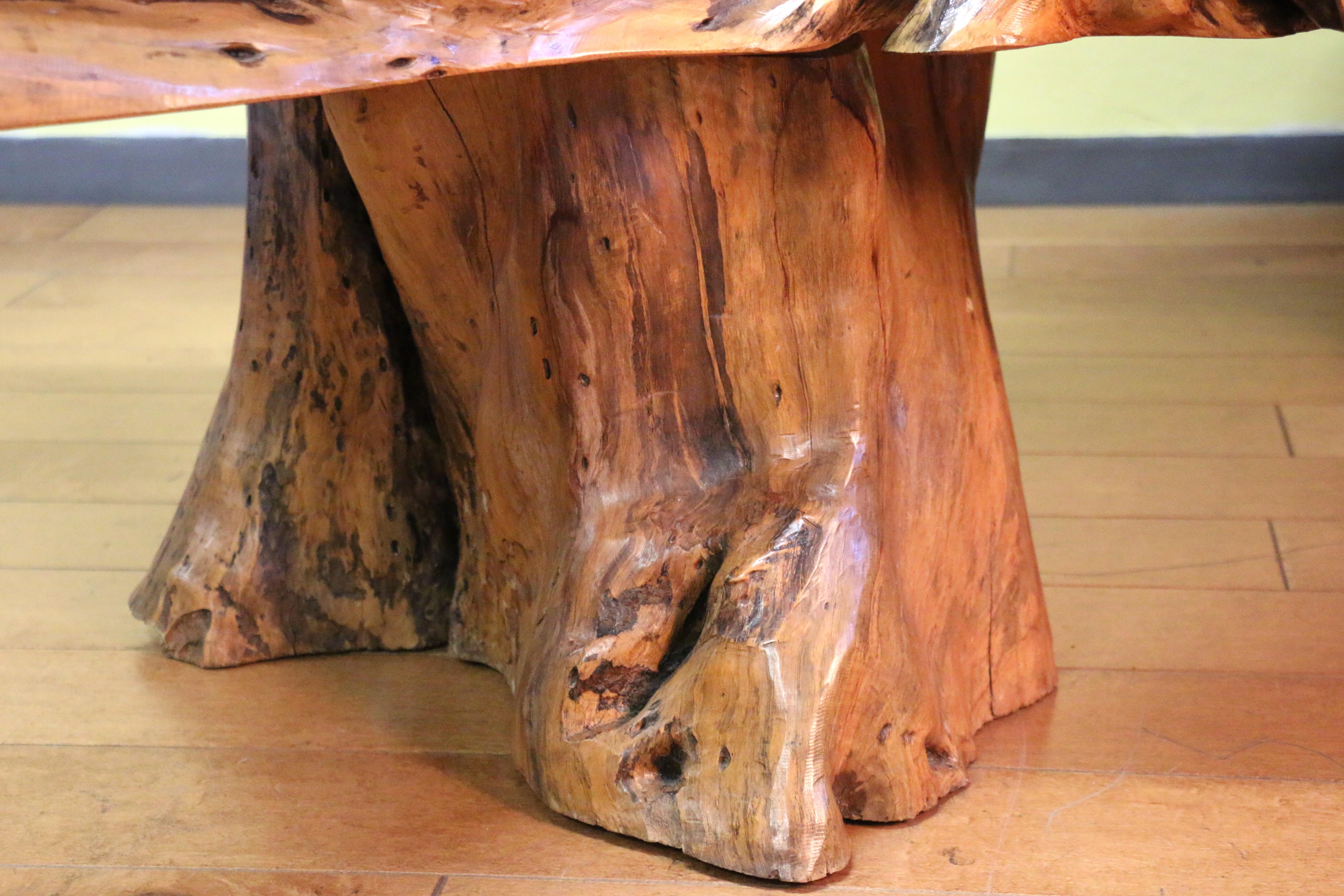 Vintage Burl Wood Coffee Table With Solid Tree Trunk Bases For Sale 10