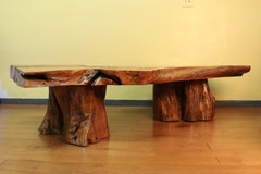 Vintage Burl Wood Coffee Table With Solid Tree Trunk Bases