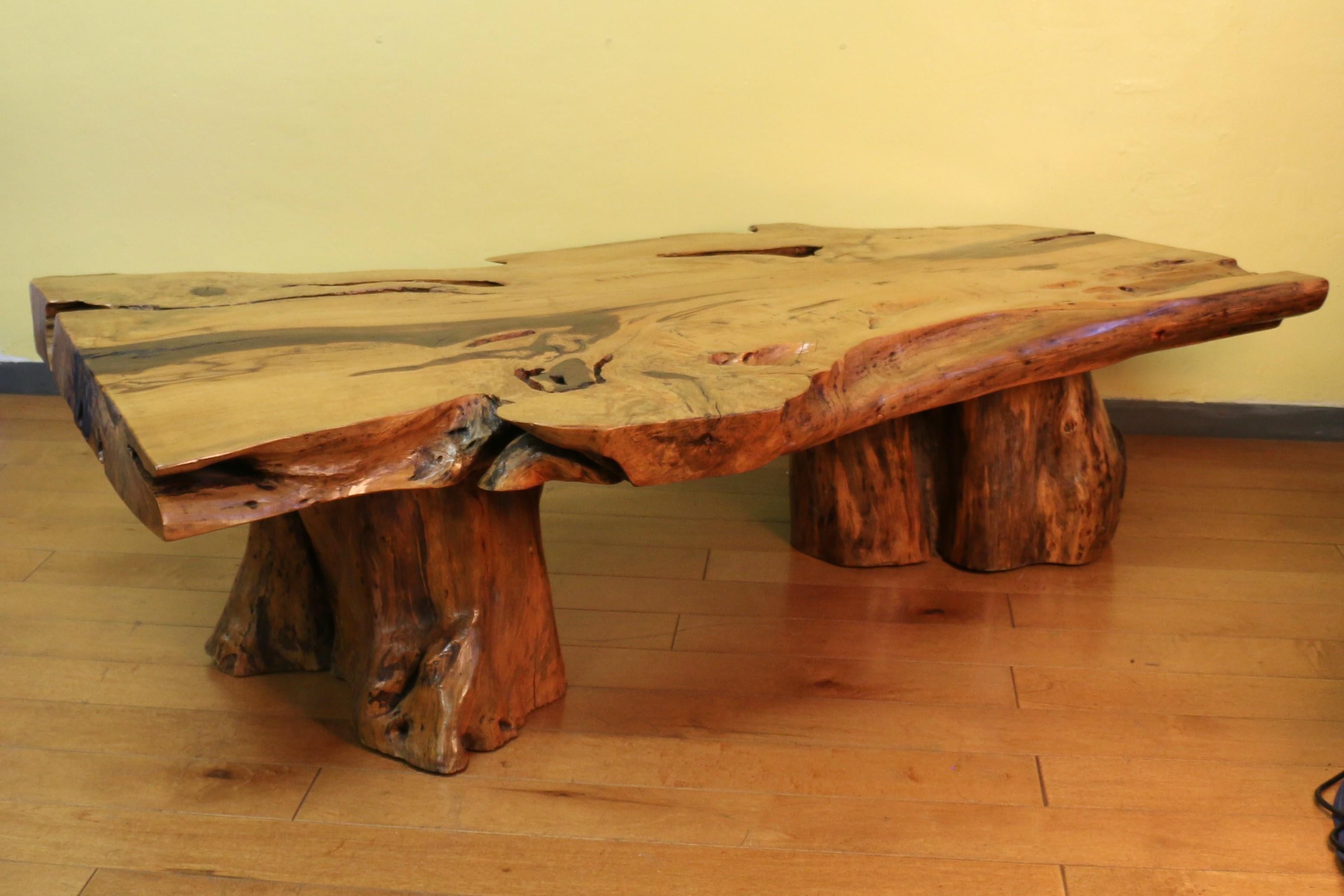 Mid-Century Modern Vintage Burl Wood Coffee Table With Solid Tree Trunk Bases For Sale