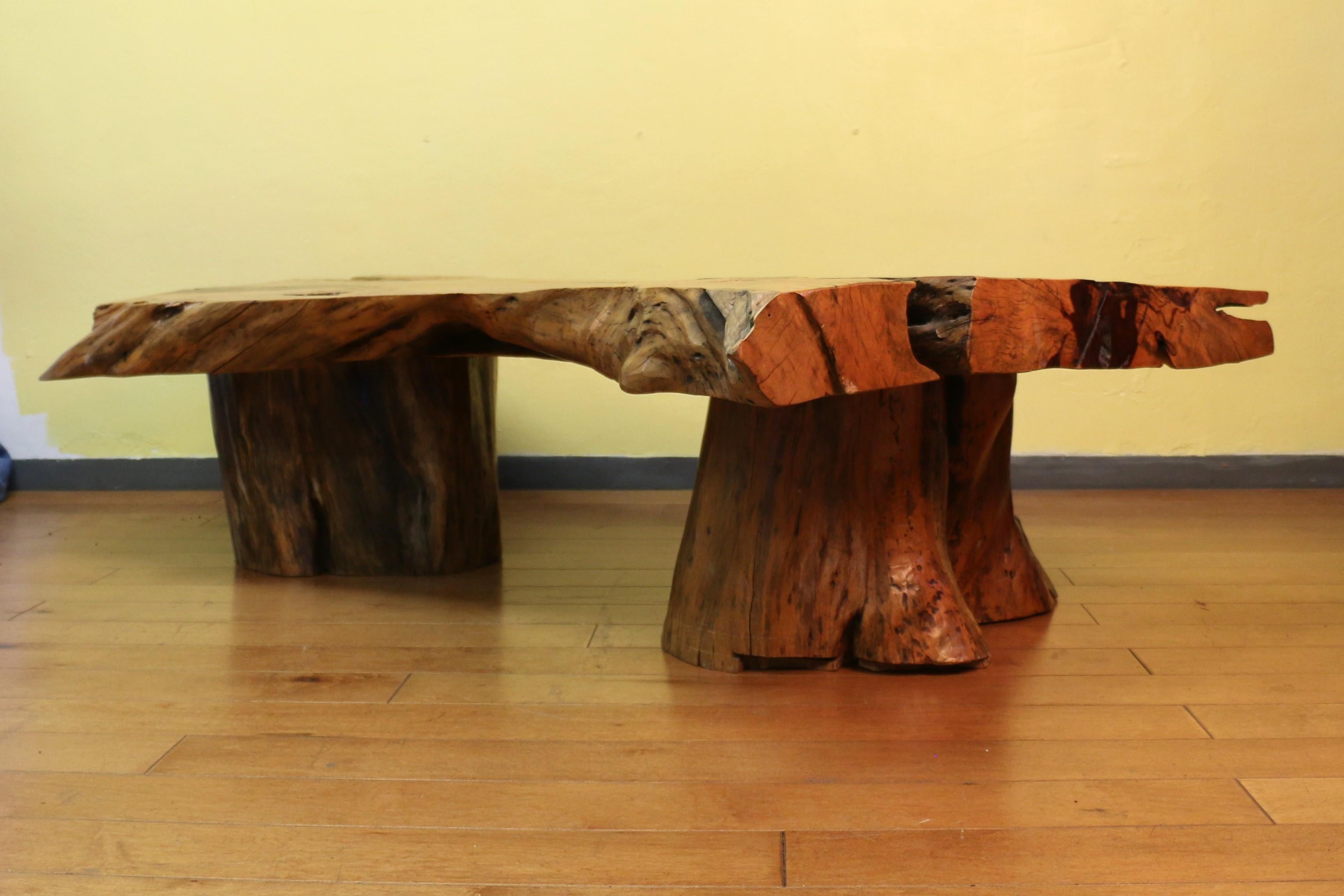 Vintage Burl Wood Coffee Table With Solid Tree Trunk Bases In Good Condition For Sale In North Hollywood, CA