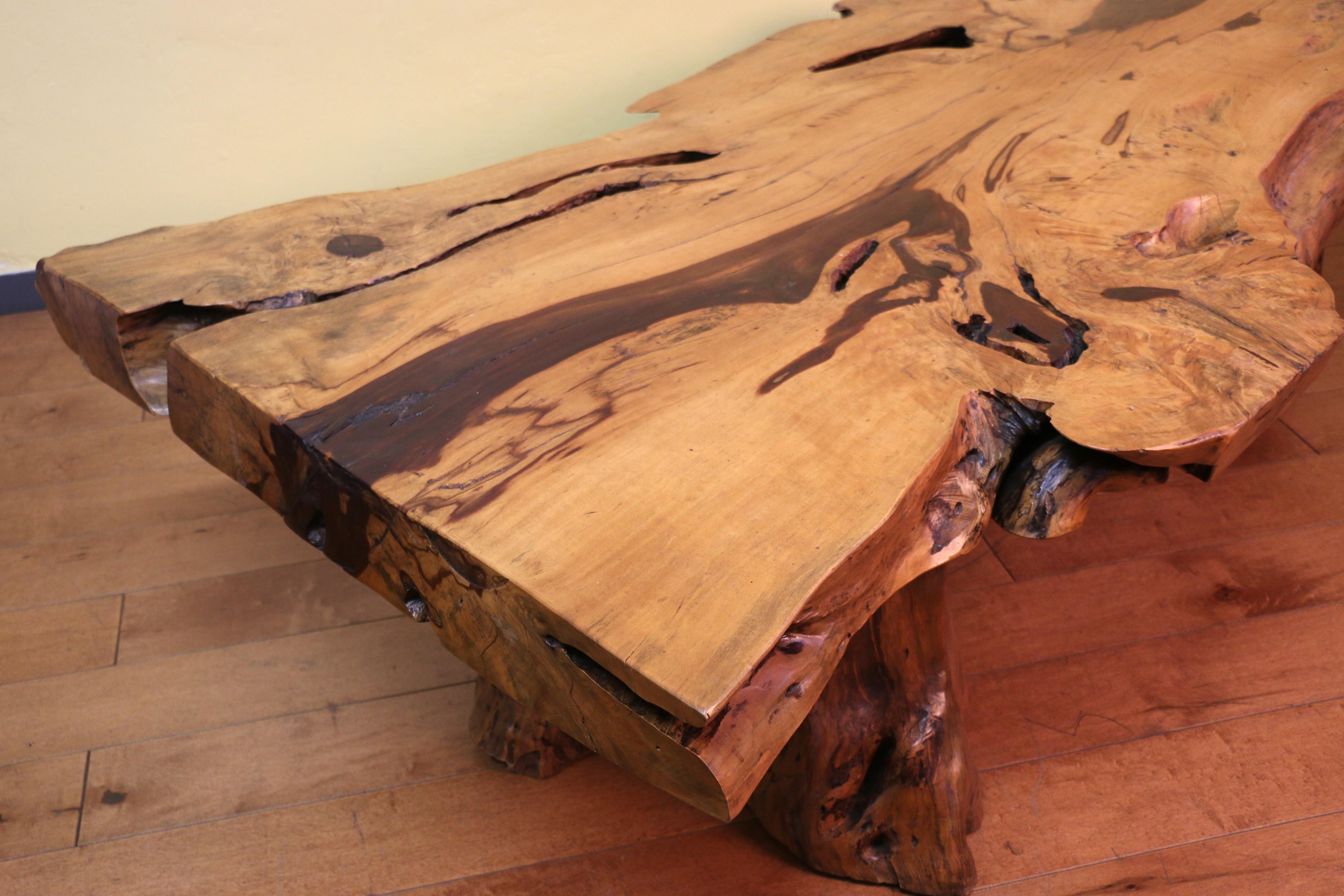 Vintage Burl Wood Coffee Table With Solid Tree Trunk Bases For Sale 3
