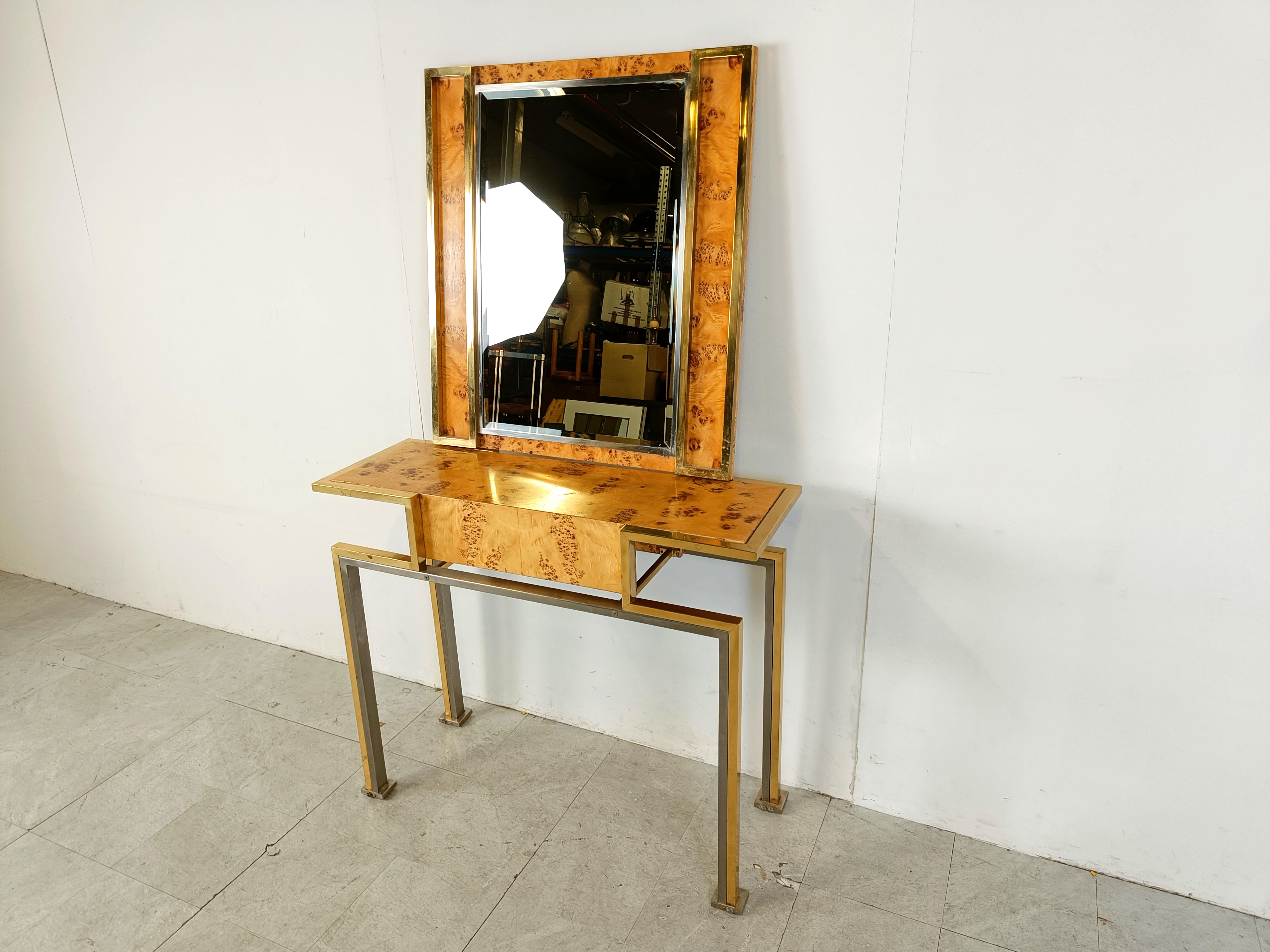 Hollywood Regency Vintage burl wood console with mirror, Italy, 1970s For Sale