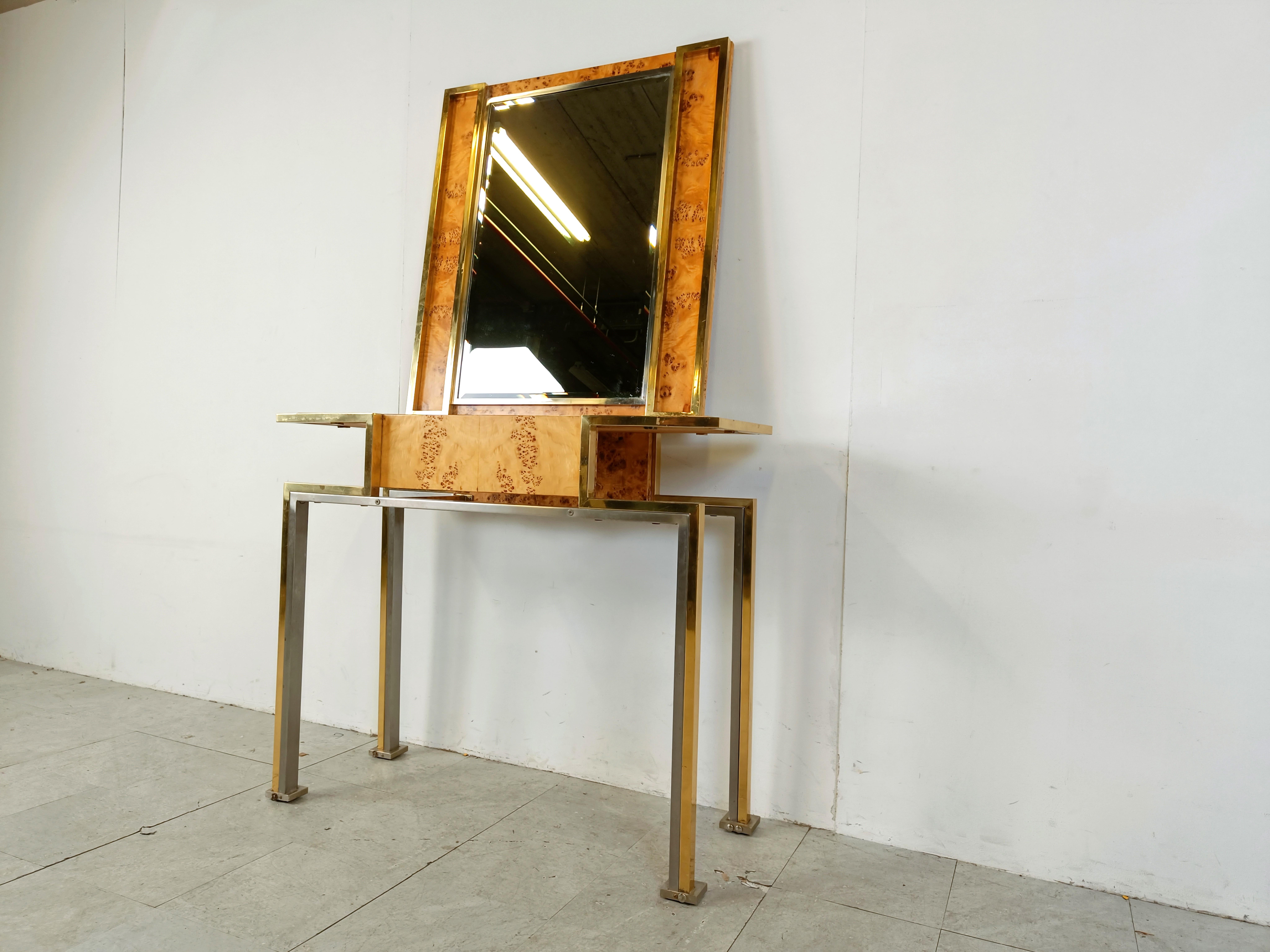 Italian Vintage burl wood console with mirror, Italy, 1970s For Sale