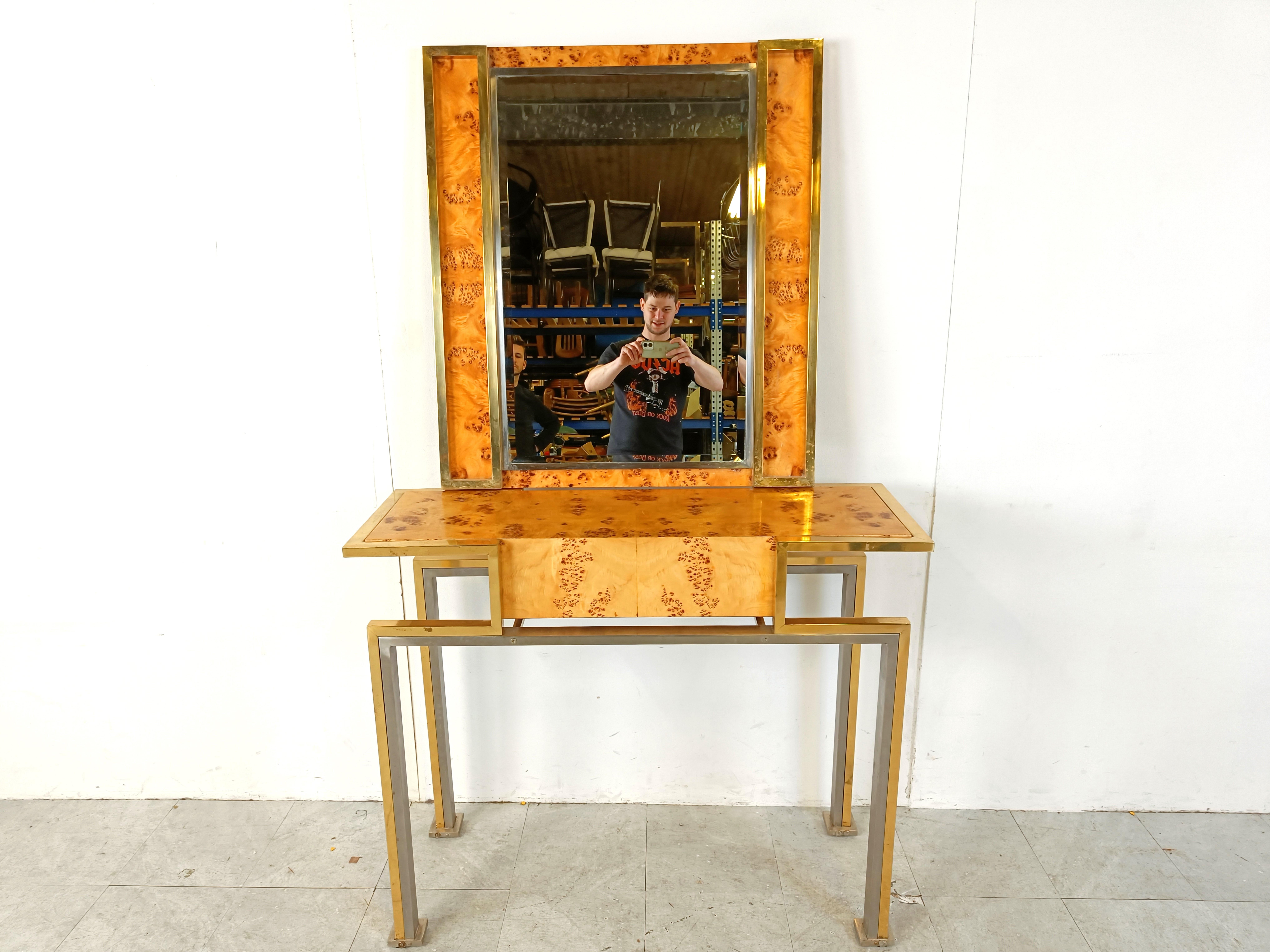 Vintage burl wood console with mirror, Italy, 1970s In Good Condition For Sale In HEVERLEE, BE