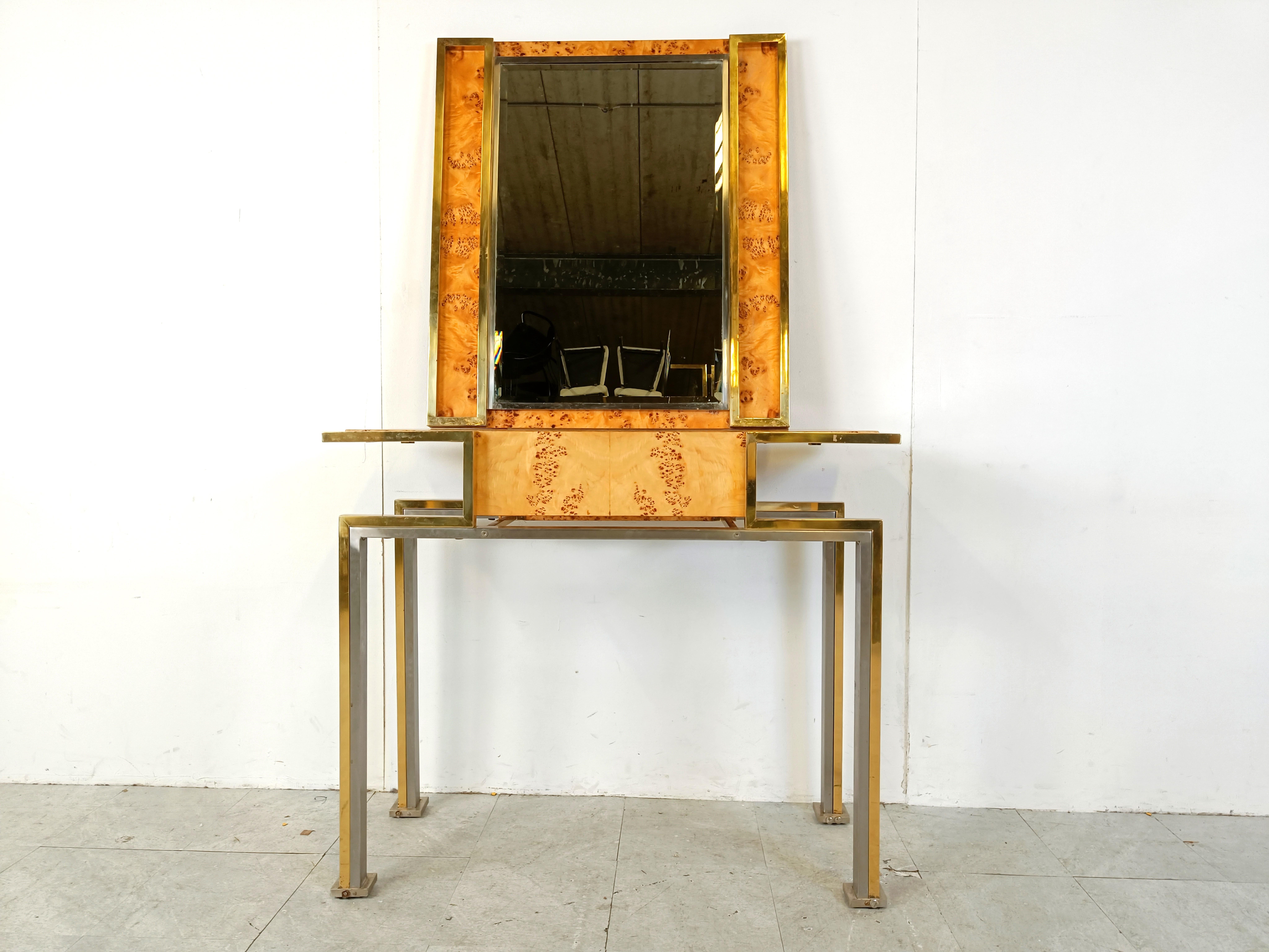 Late 20th Century Vintage burl wood console with mirror, Italy, 1970s For Sale