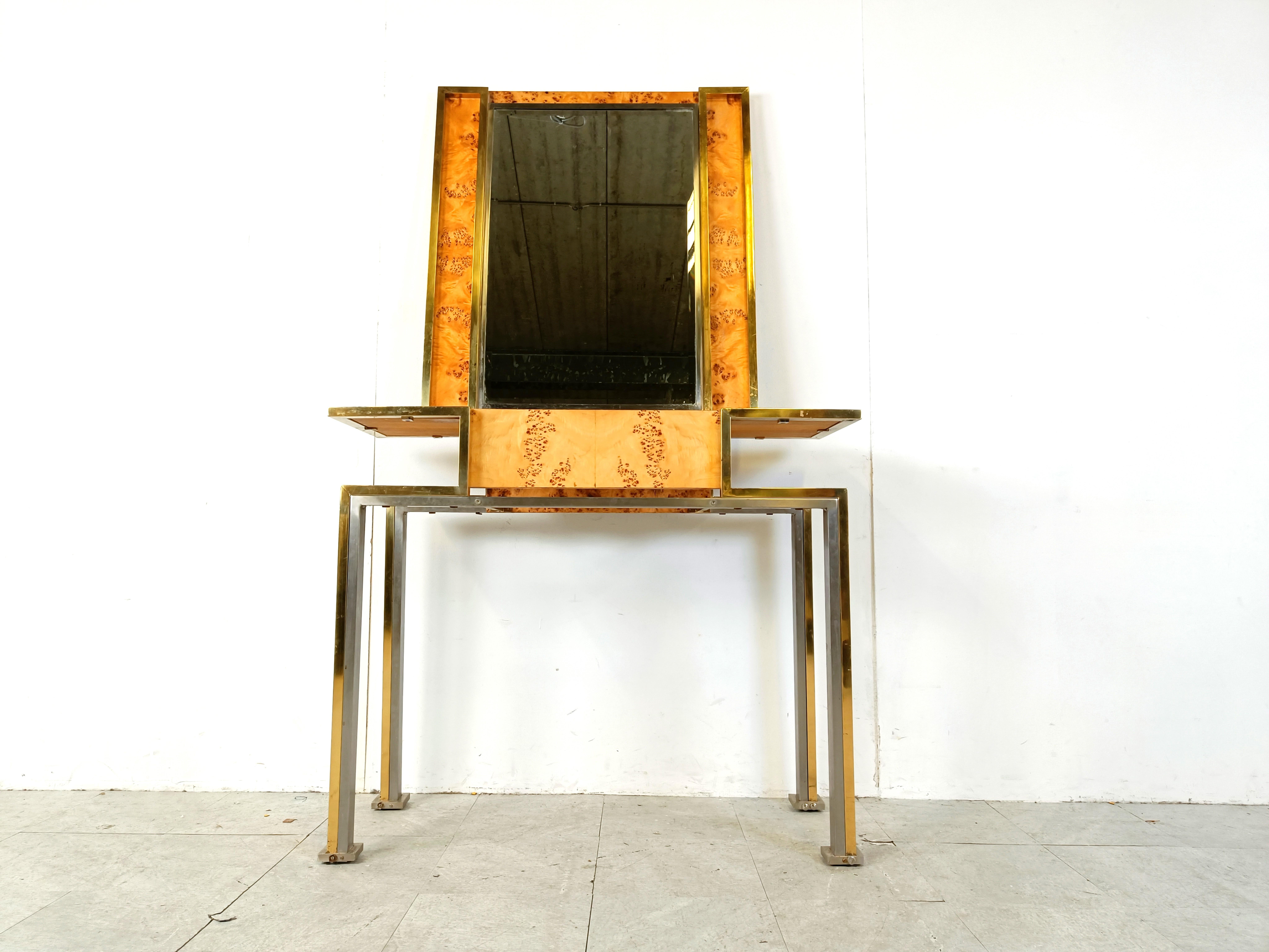Brass Vintage burl wood console with mirror, Italy, 1970s For Sale