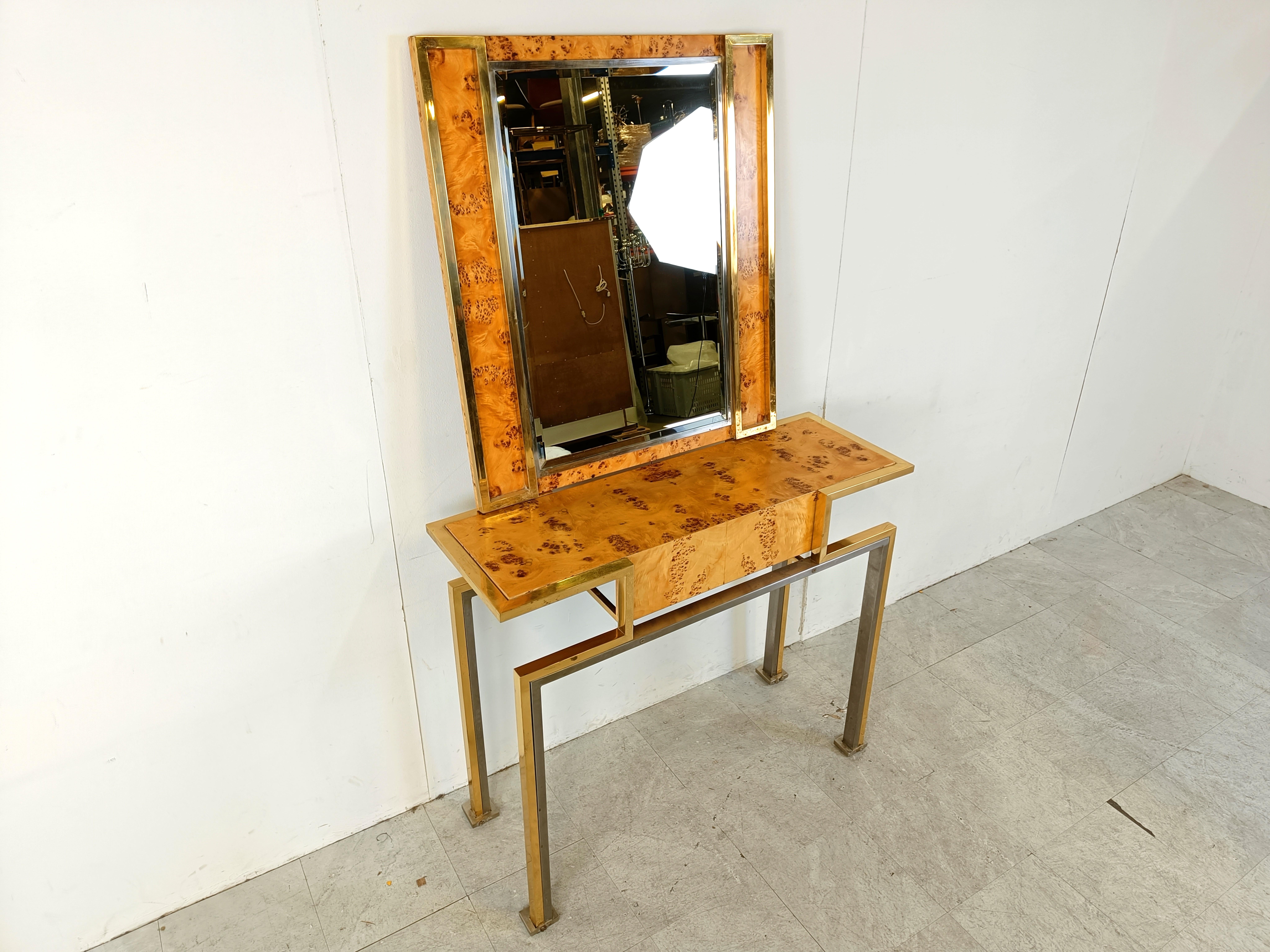 Vintage burl wood console with mirror, Italy, 1970s For Sale 1