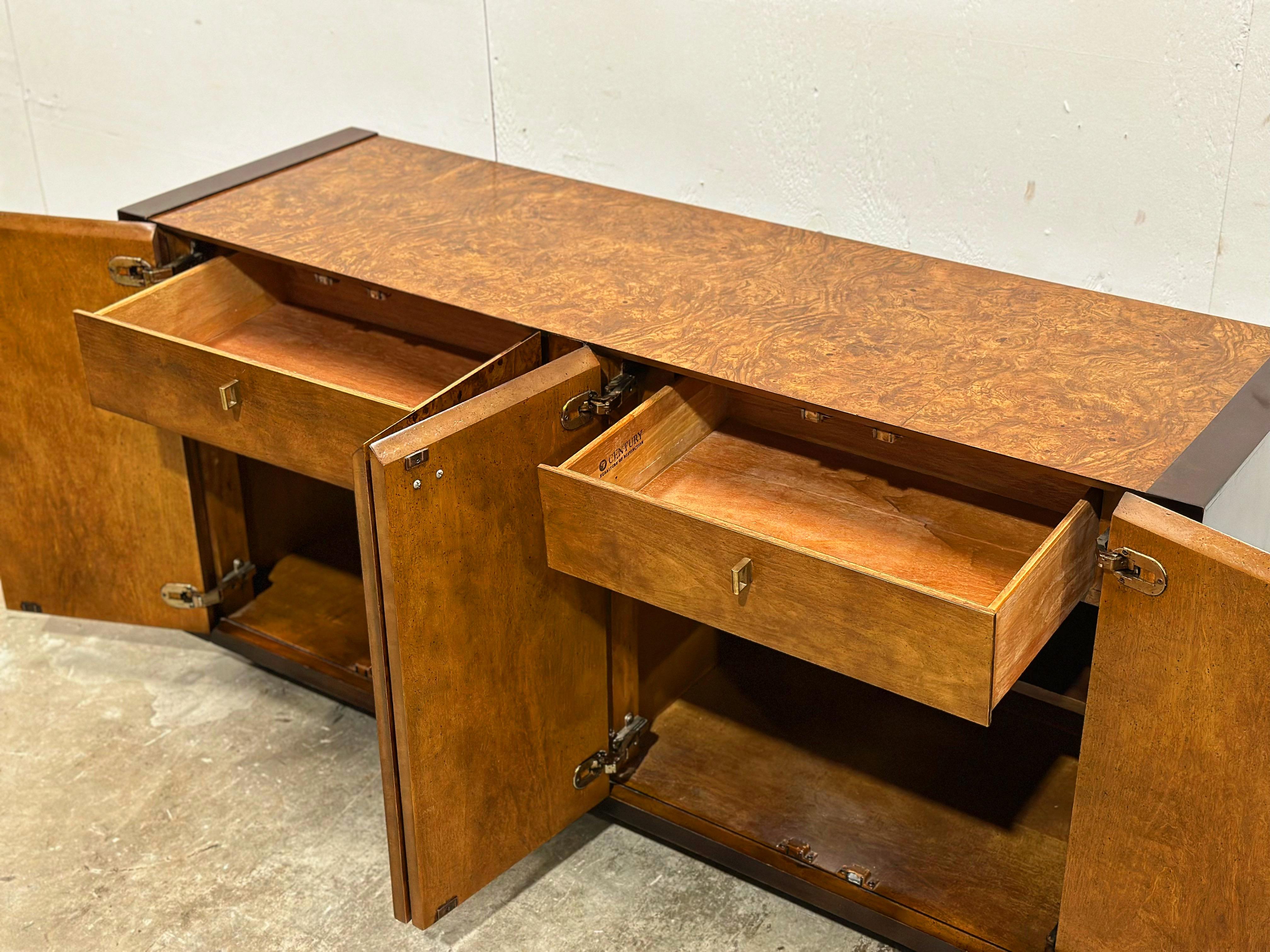 Vintage Burl Wood Credenza - After Milo Baughman - Mahognay + Brass - Century 4