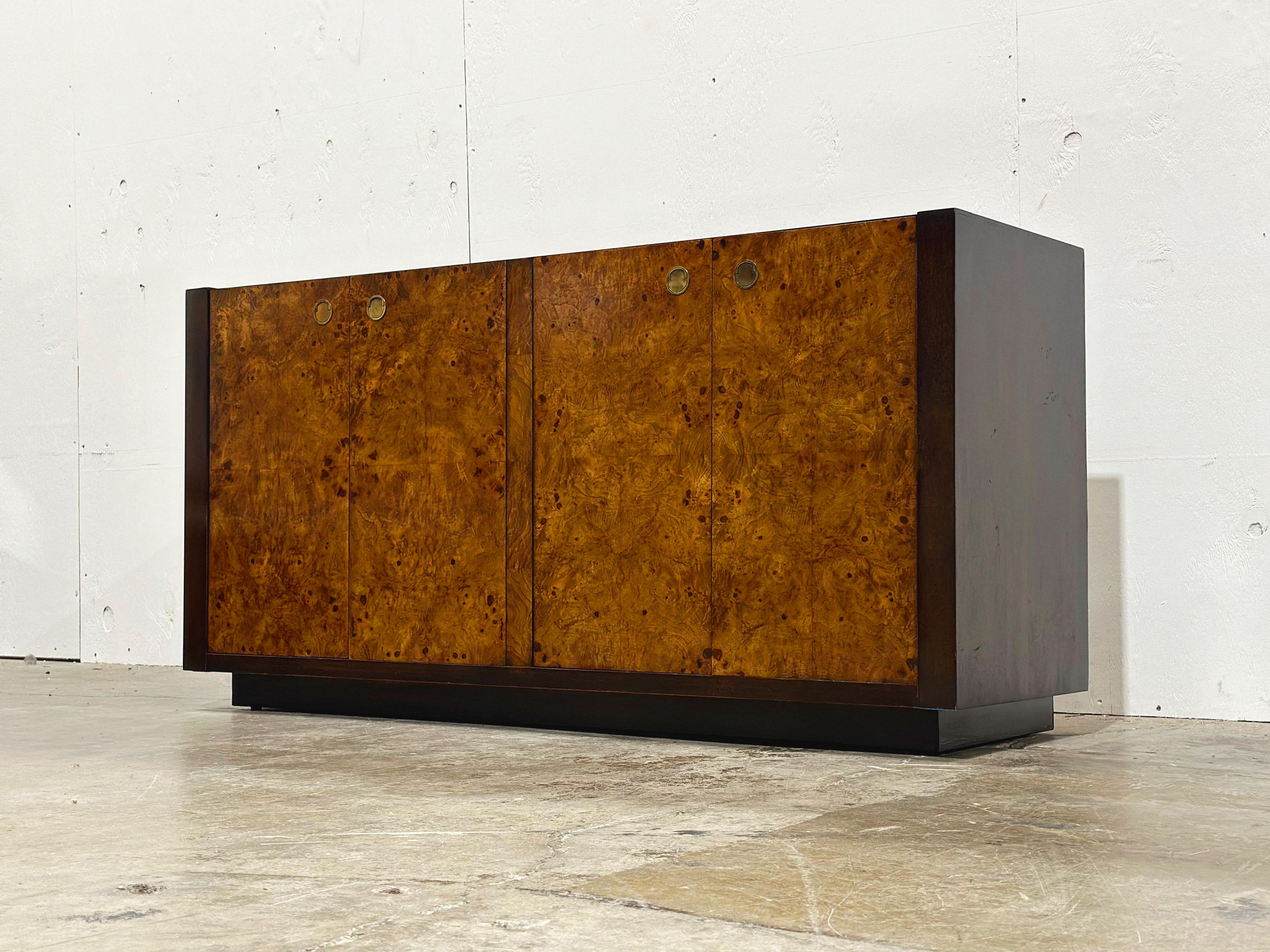 Vintage Burl Wood Credenza - After Milo Baughman - Mahognay + Brass - Century 6