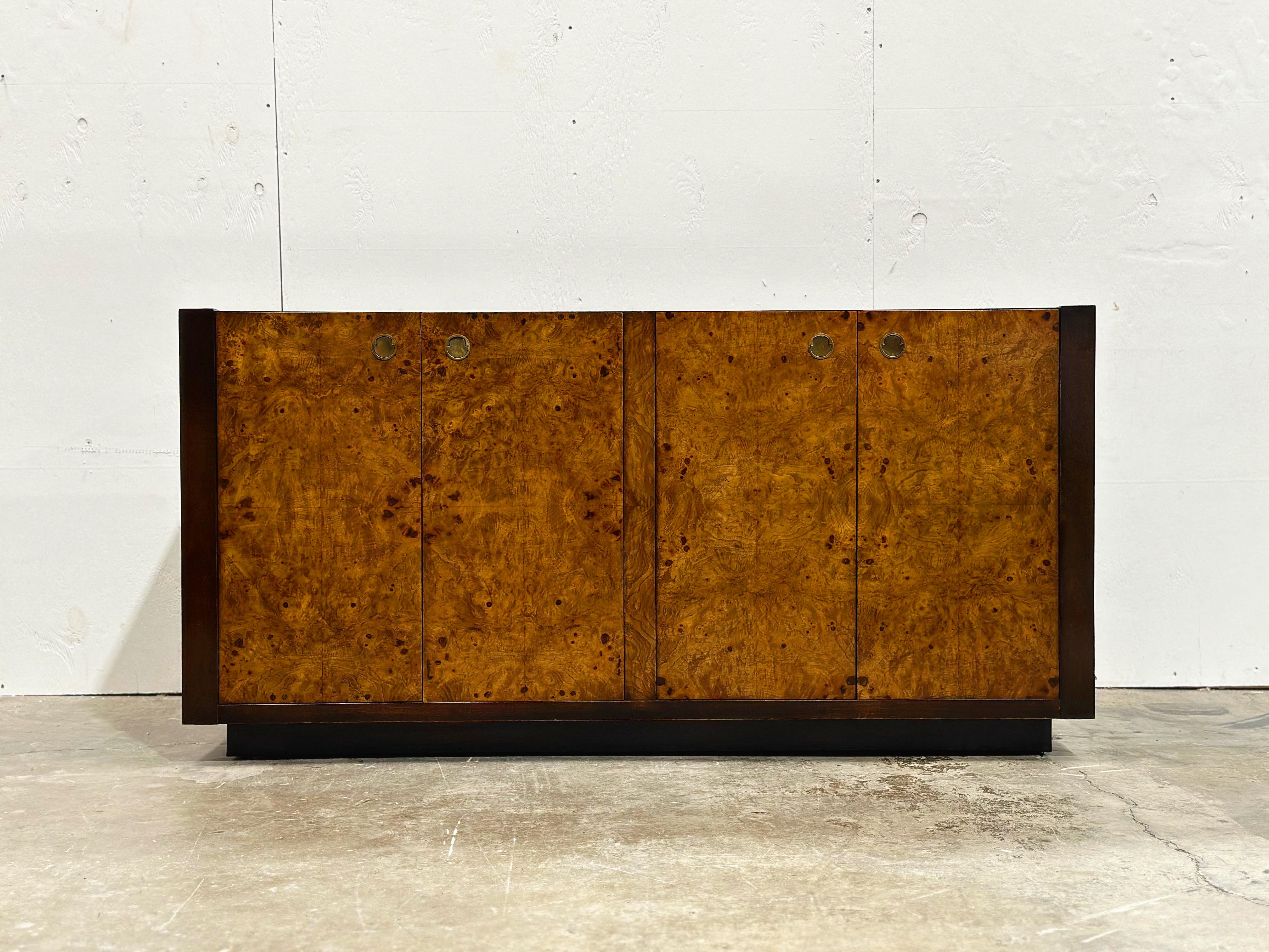 Vintage Burl Wood Credenza - After Milo Baughman - Mahognay + Brass - Century 7