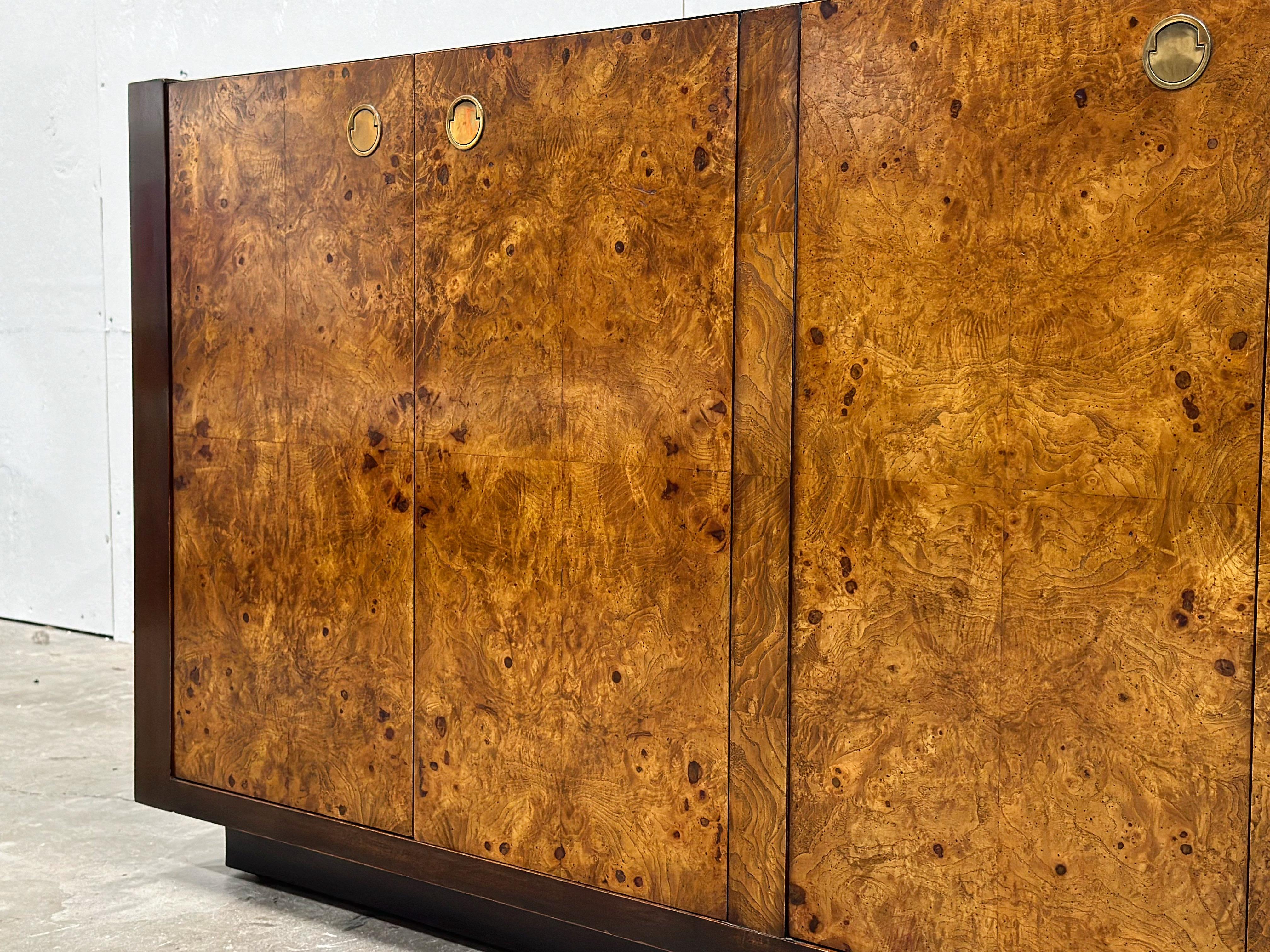 Organic Modern Vintage Burl Wood Credenza - After Milo Baughman - Mahognay + Brass - Century