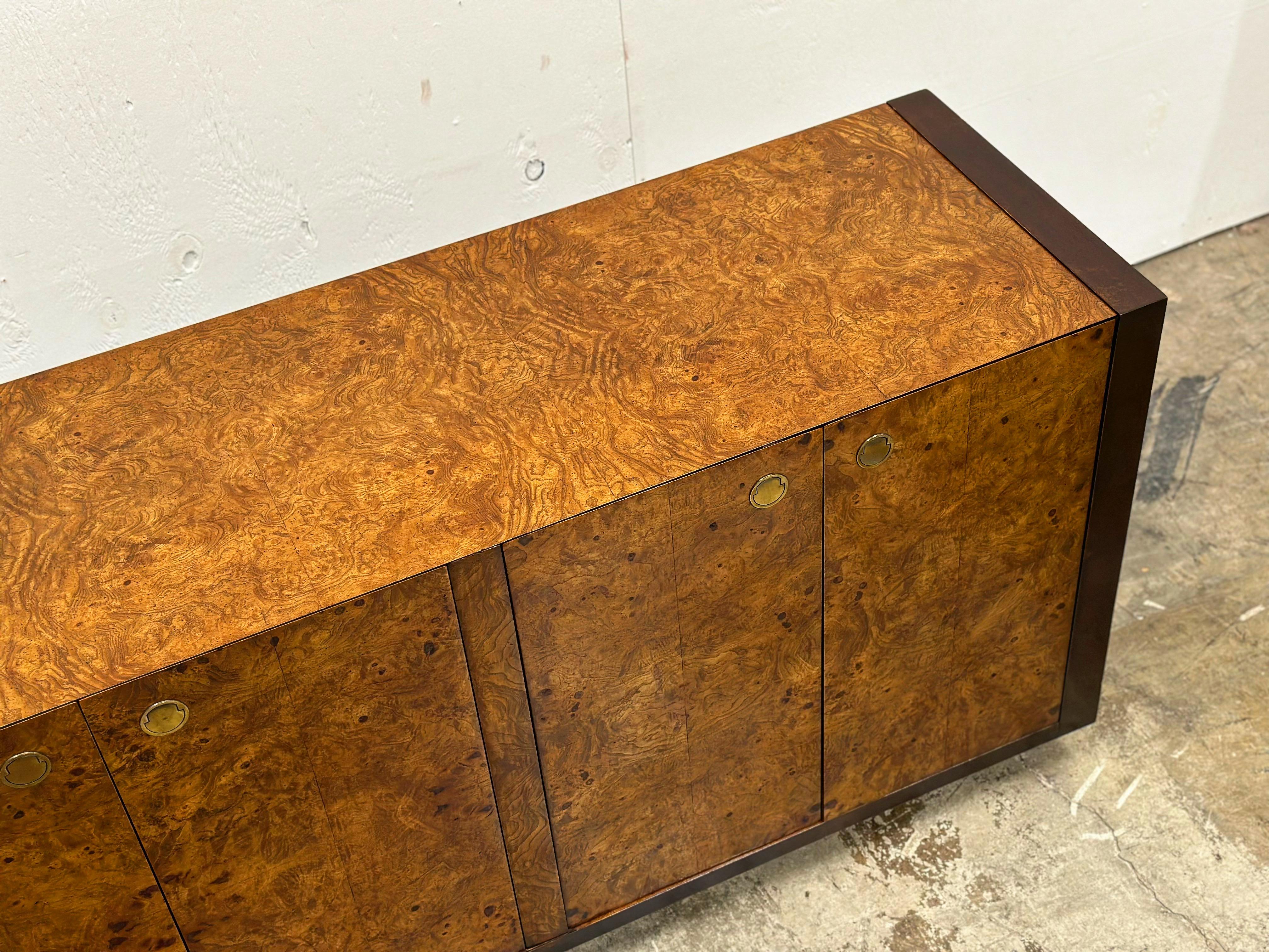 Vintage Burl Wood Credenza - After Milo Baughman - Mahognay + Brass - Century In Good Condition In Decatur, GA