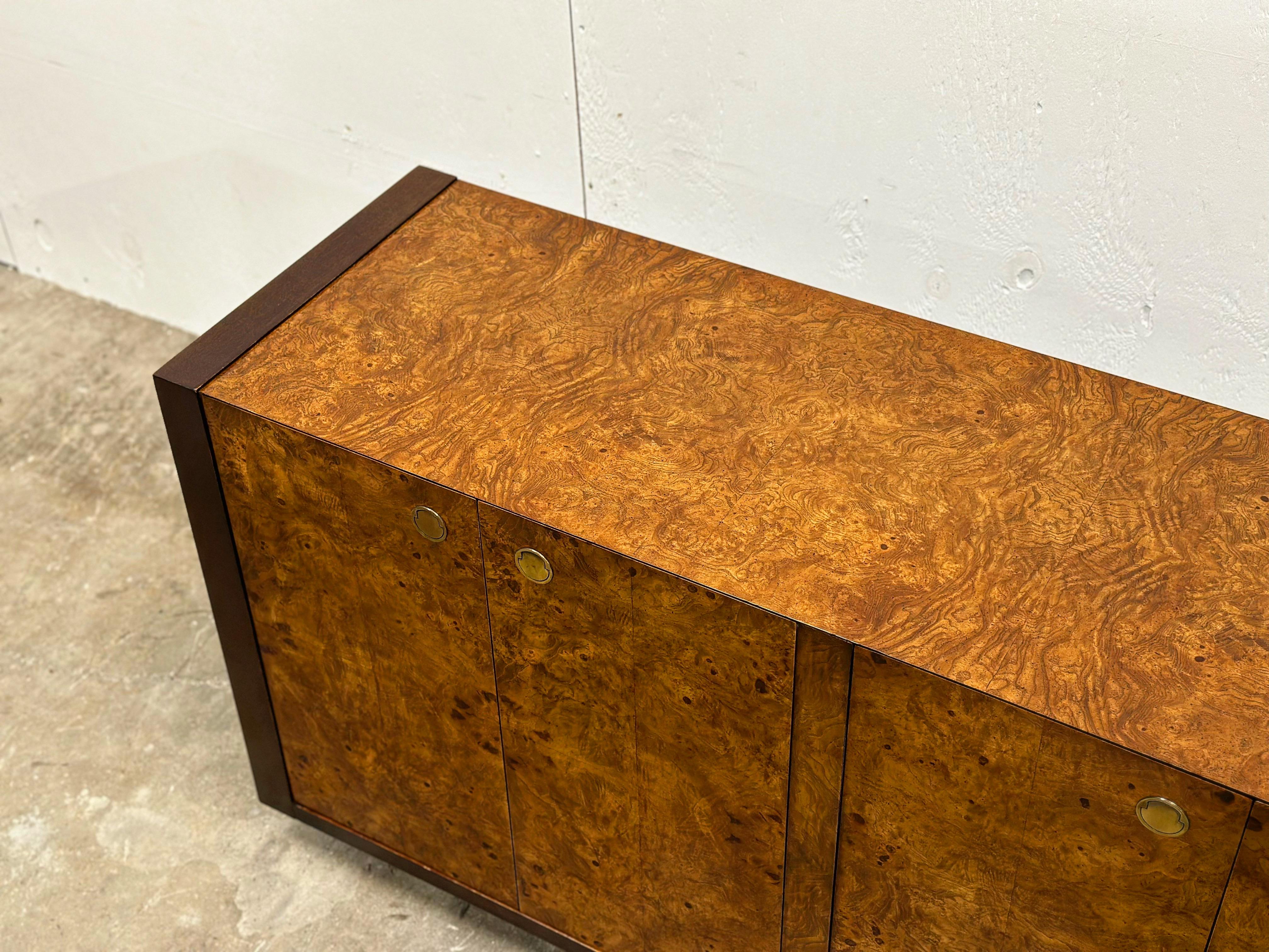 Late 20th Century Vintage Burl Wood Credenza - After Milo Baughman - Mahognay + Brass - Century