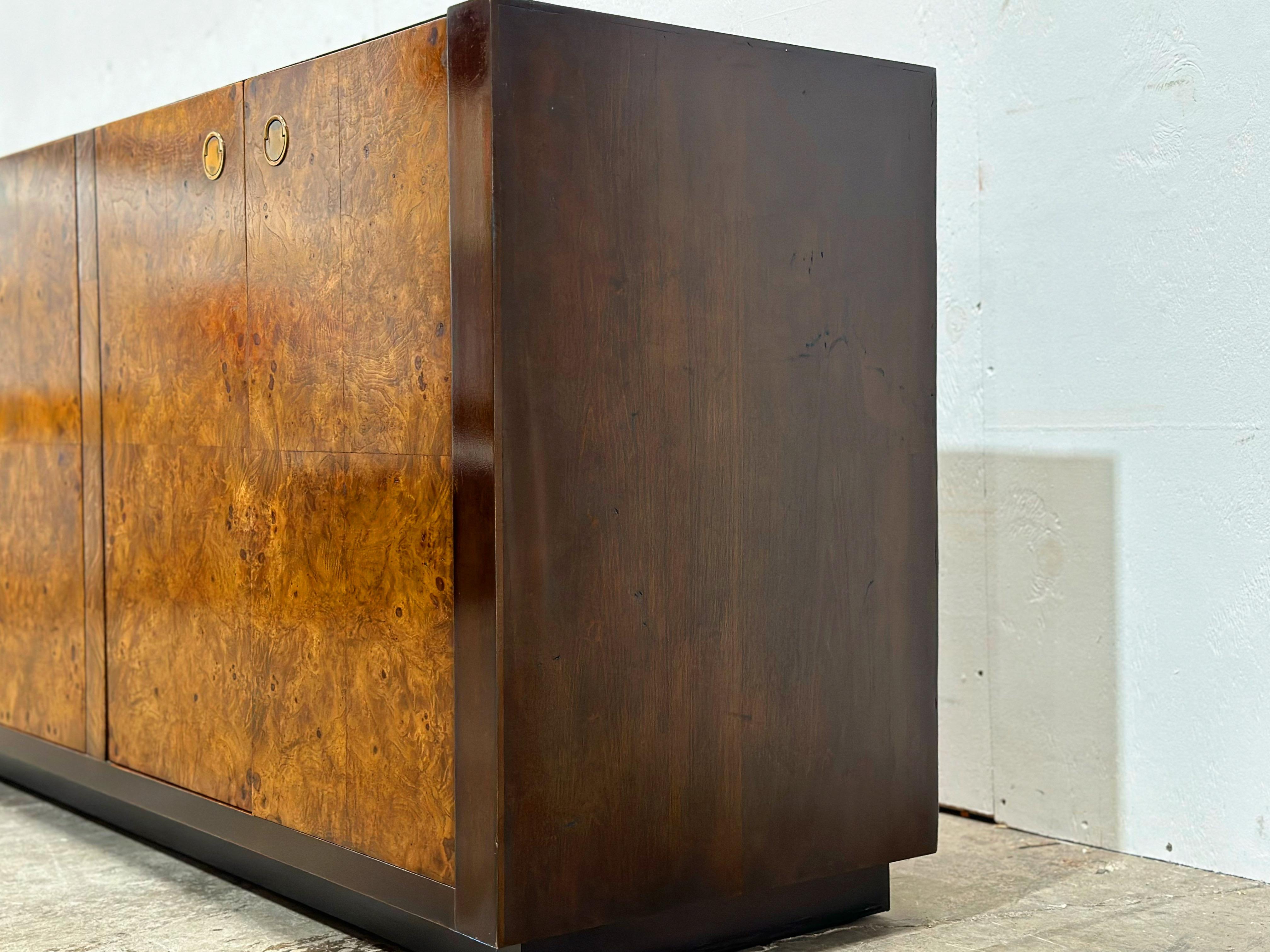 Vintage Burl Wood Credenza - After Milo Baughman - Mahognay + Brass - Century 1
