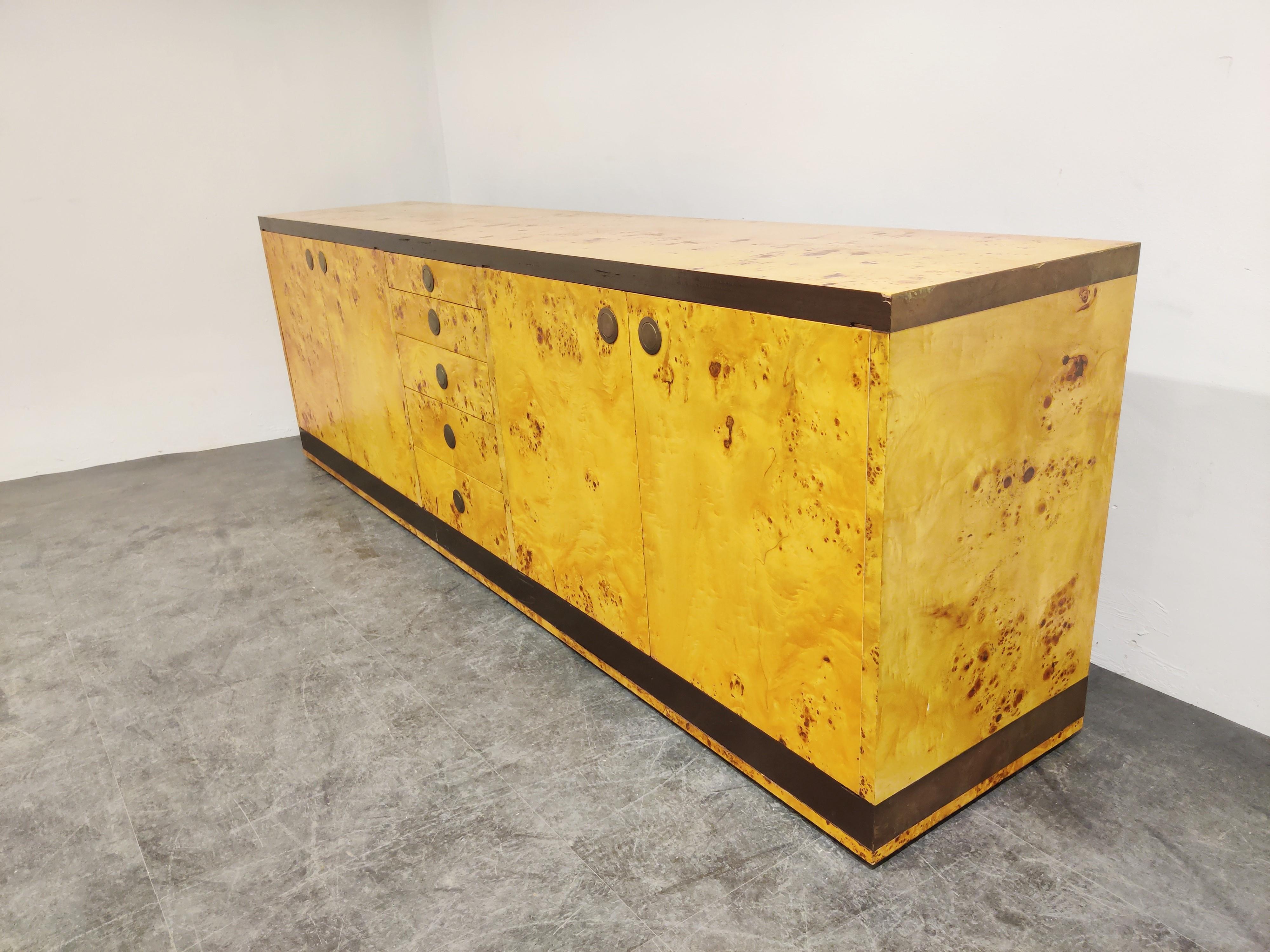 Brass Vintage Burl Wood Credenza by Willy Rizzo, 1970s