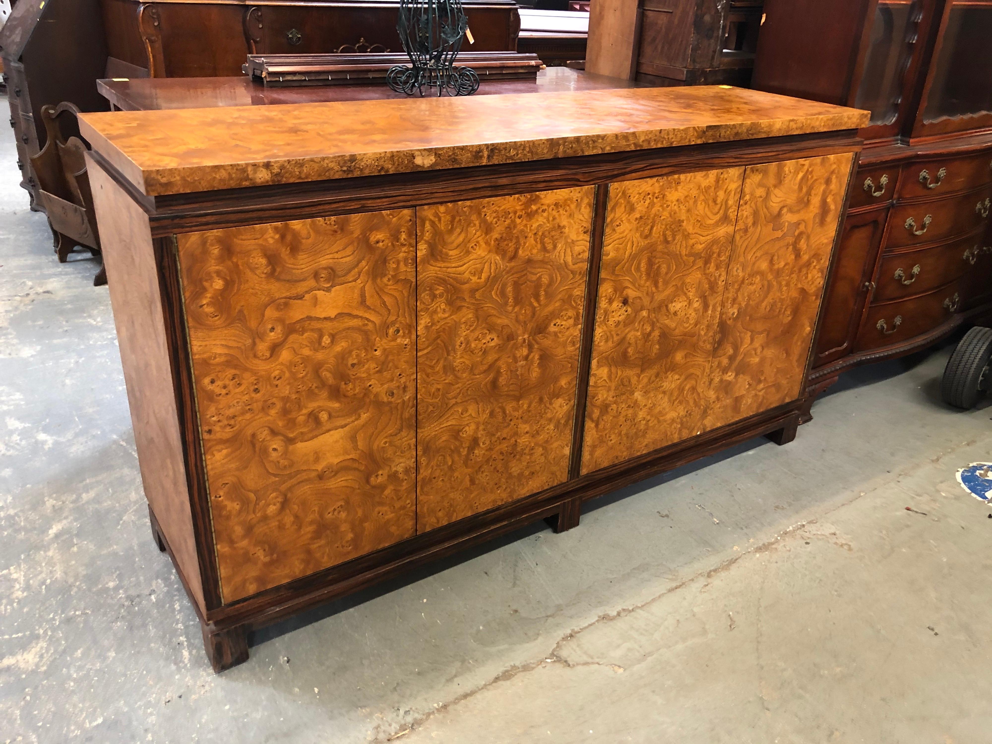 Vintage Burl wood Credenza with Rosewood Trim In Good Condition In Redding, CT