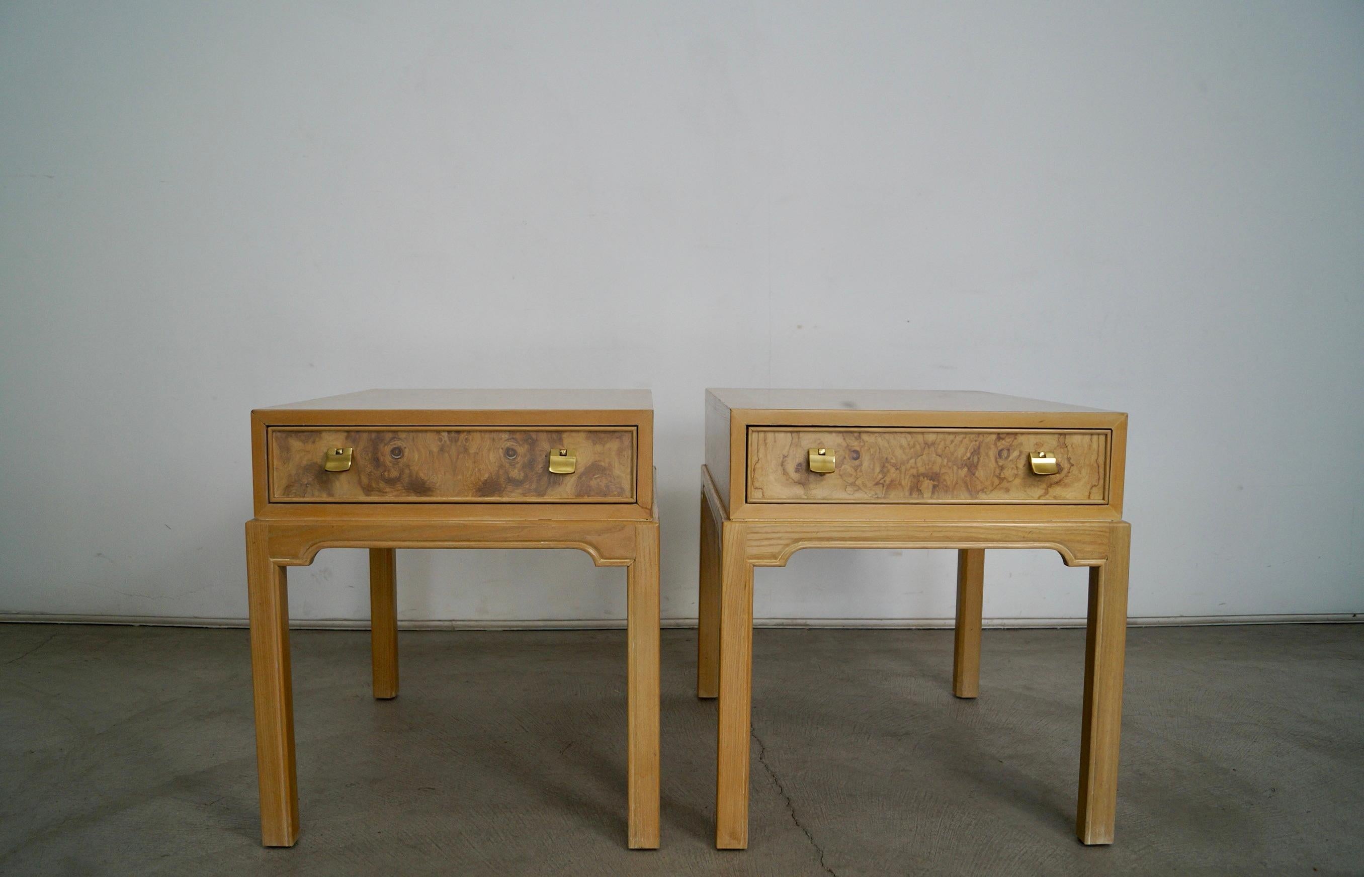 Pair of vintage high-end side tables for sale. Manufactured by designer company Drexel Heritage, and part of the Corinthian Collection. These end tables are rare, and are in incredible condition. They have the original bleached burl wood finish, and