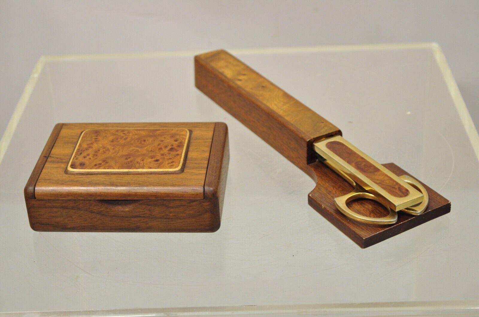 Vintage Burl Wood Italian Brass Desk Set Small Box Scissors and Letter Opener 6