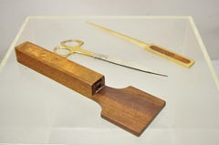 Vintage Burl Wood Italian Brass Desk Set Small Box Scissors and Letter Opener