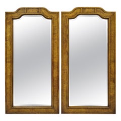 Vintage Burl Wood Mid Century Chinoiserie Pagoda Arched Wall Mirrors, a Pair