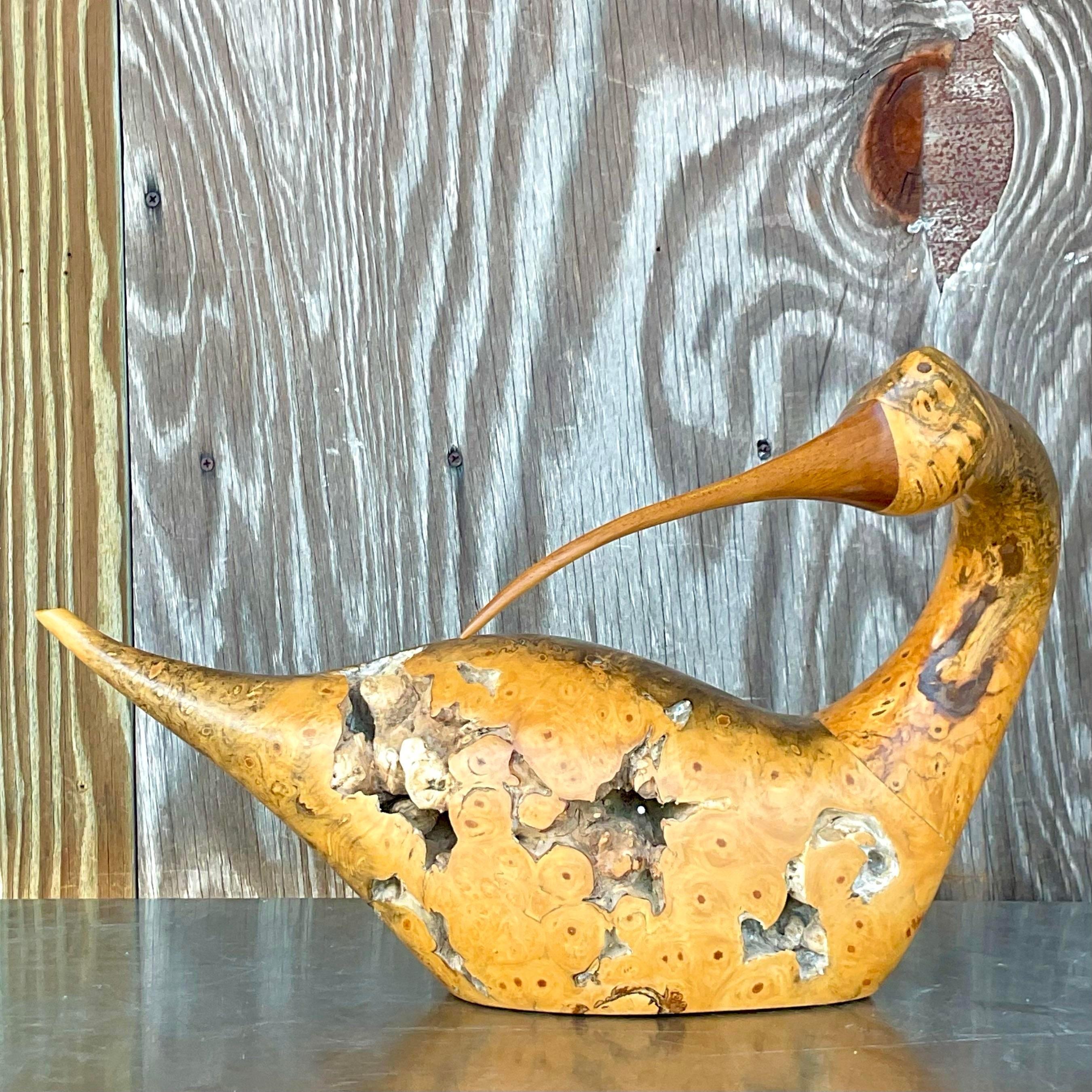 Vintage Burl Wood Sculpture of Ibis In Good Condition For Sale In west palm beach, FL