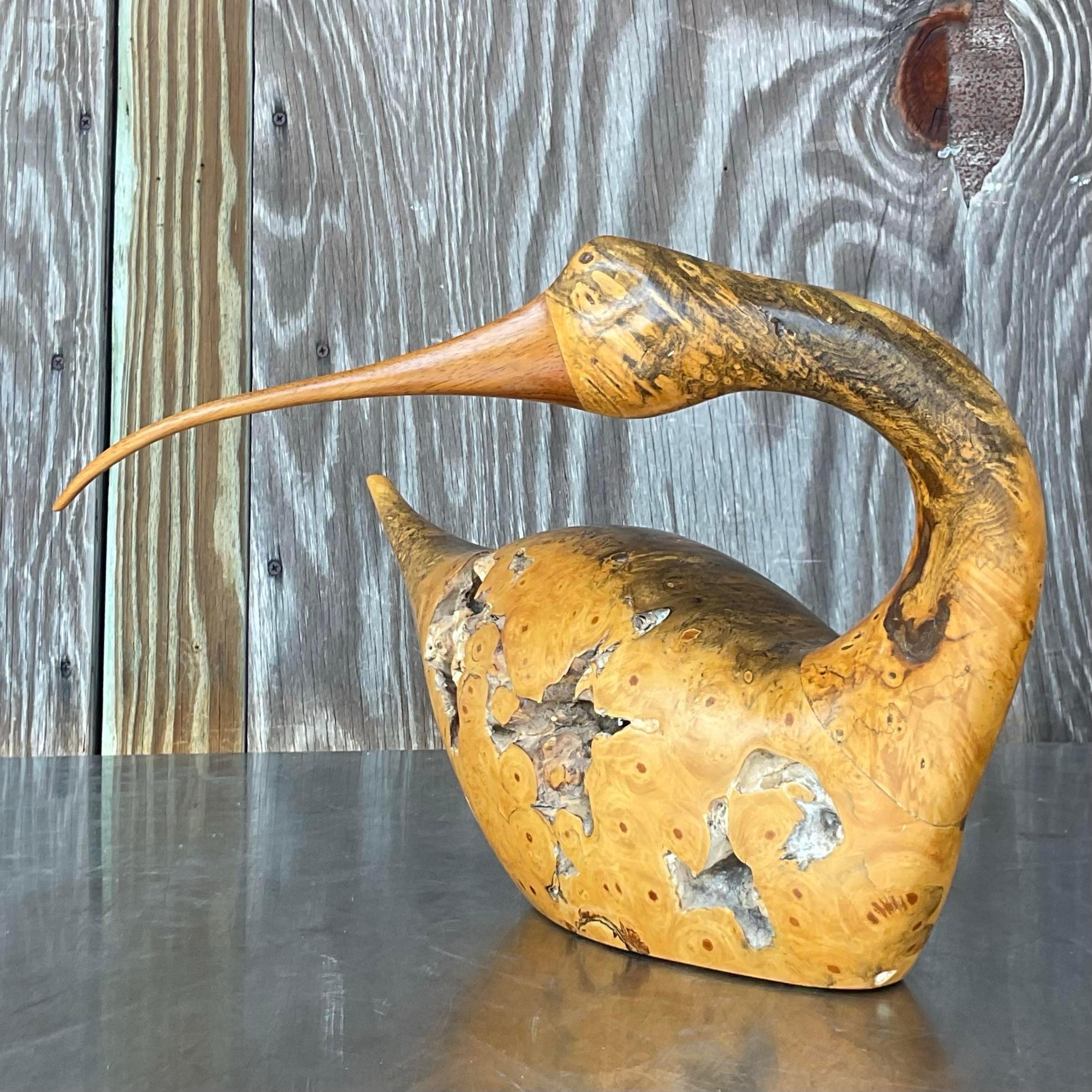 20th Century Vintage Burl Wood Sculpture of Ibis For Sale