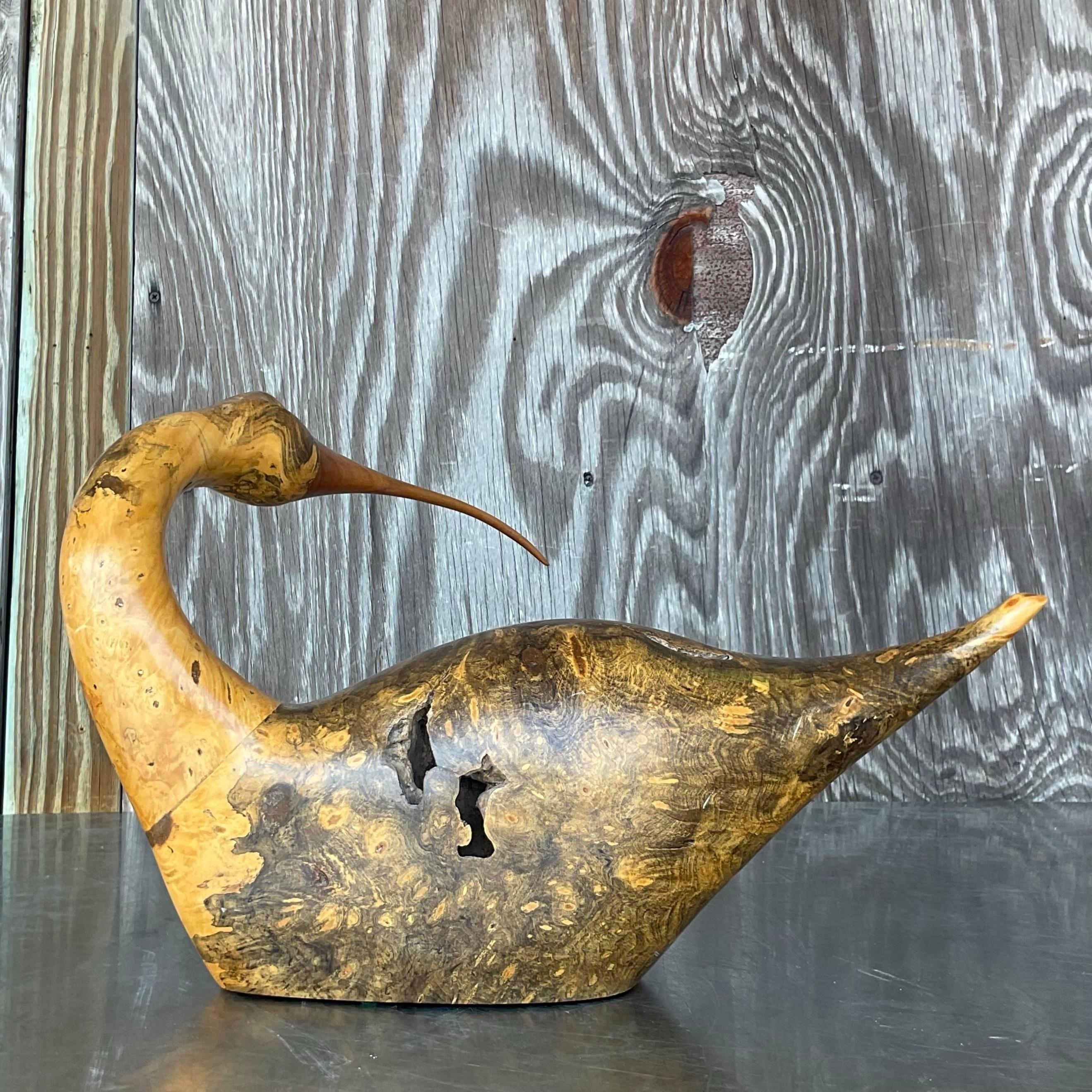Vintage Burl Wood Sculpture of Ibis For Sale 2