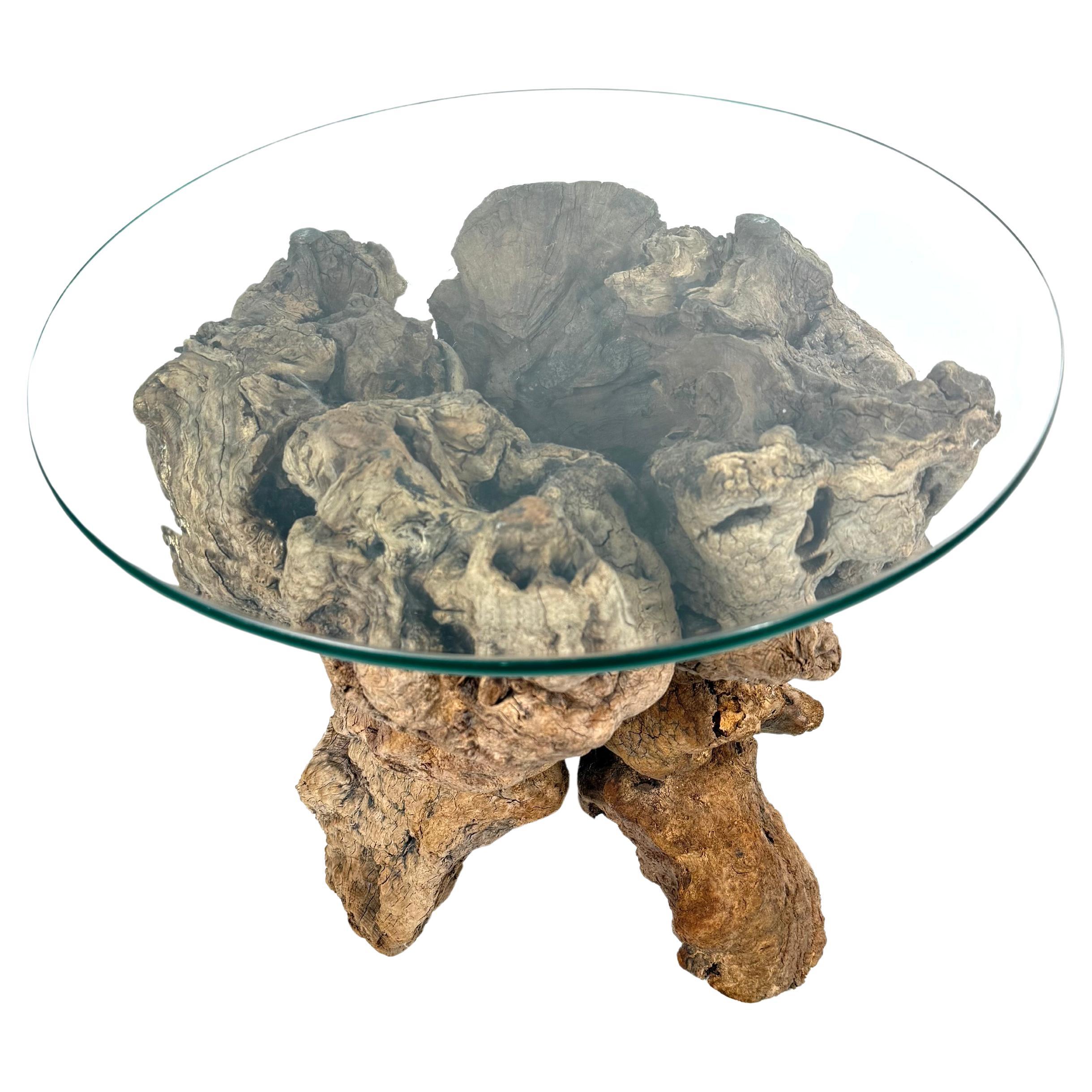 Vintage Root side table with a beautiful bevelled edge glass top.  The free form base is very organic with its natural color finish.  The form on this particular table is very special and unique and will add a nice touch of texture and style to any
