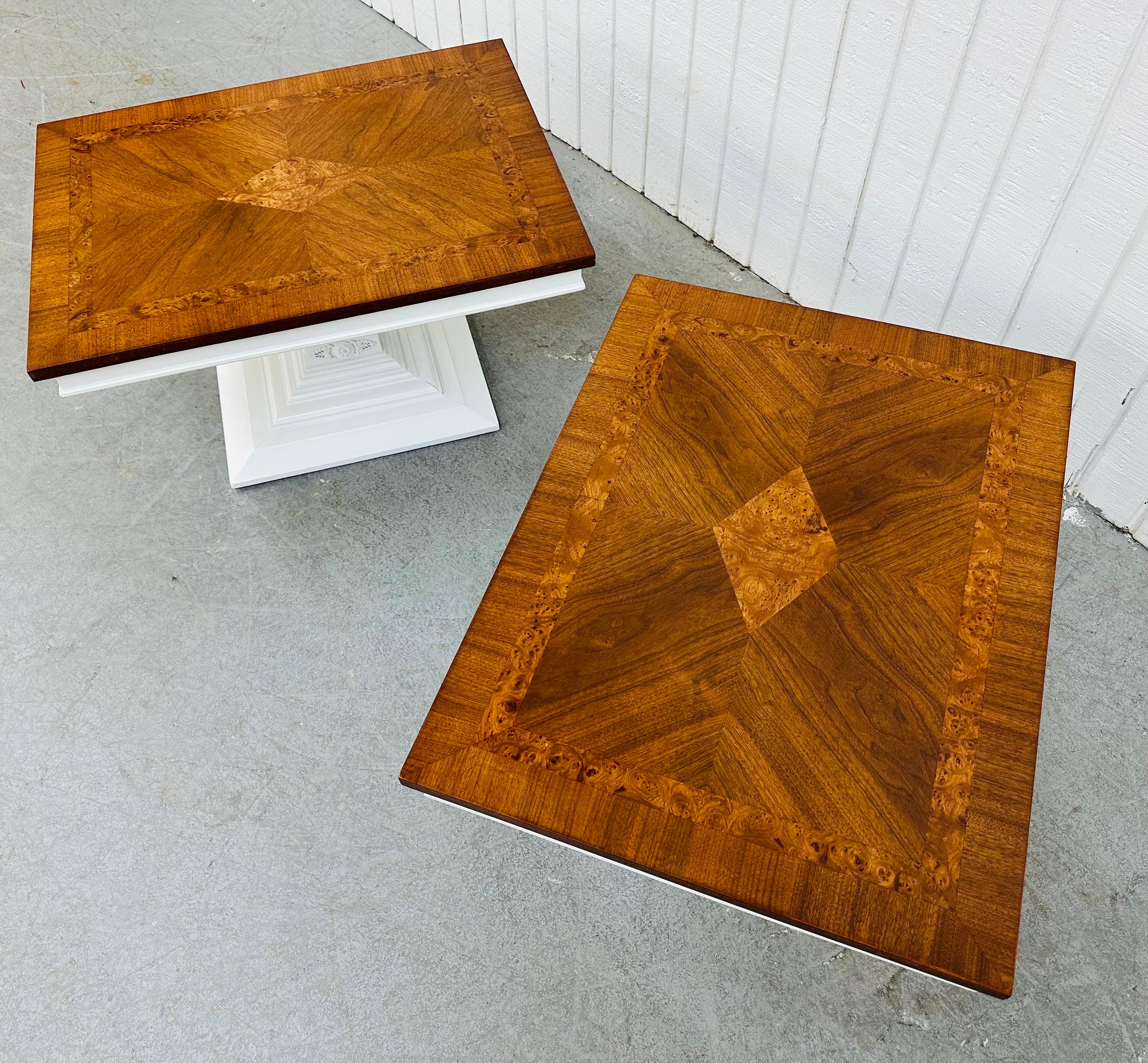 This listing is for a pair of vintage Burled Walnut Side Tables. Featuring a rectangular top, painted white pedestal base, and a beautiful walnut top with burled inlay. This is an exceptional combination of quality and design!