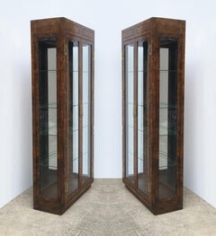 Vintage Burled Walnut Wood and Brass Vitrine or Display Cabinets