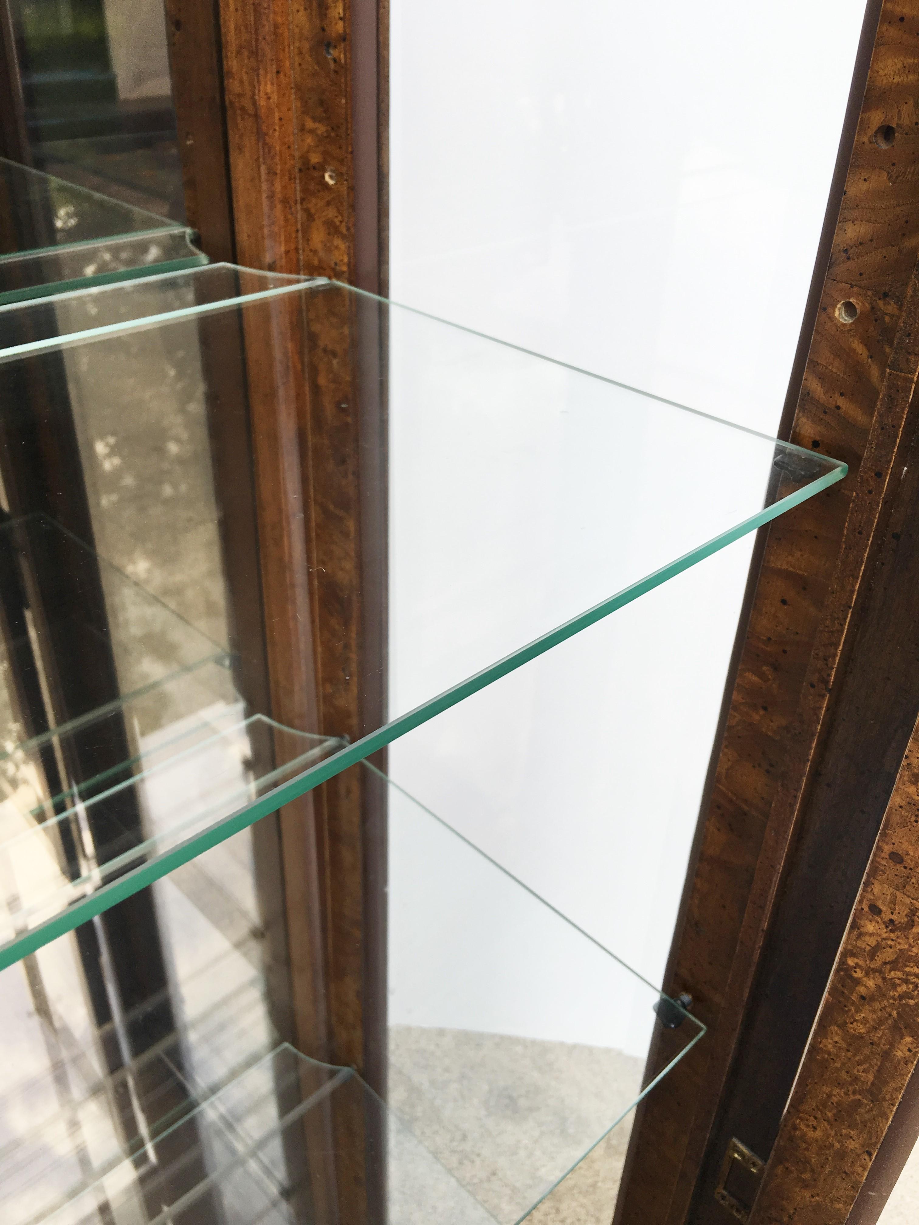 Vintage Burled Walnut Wood and Brass Vitrine or Display Cabinets In Good Condition In Dallas, TX