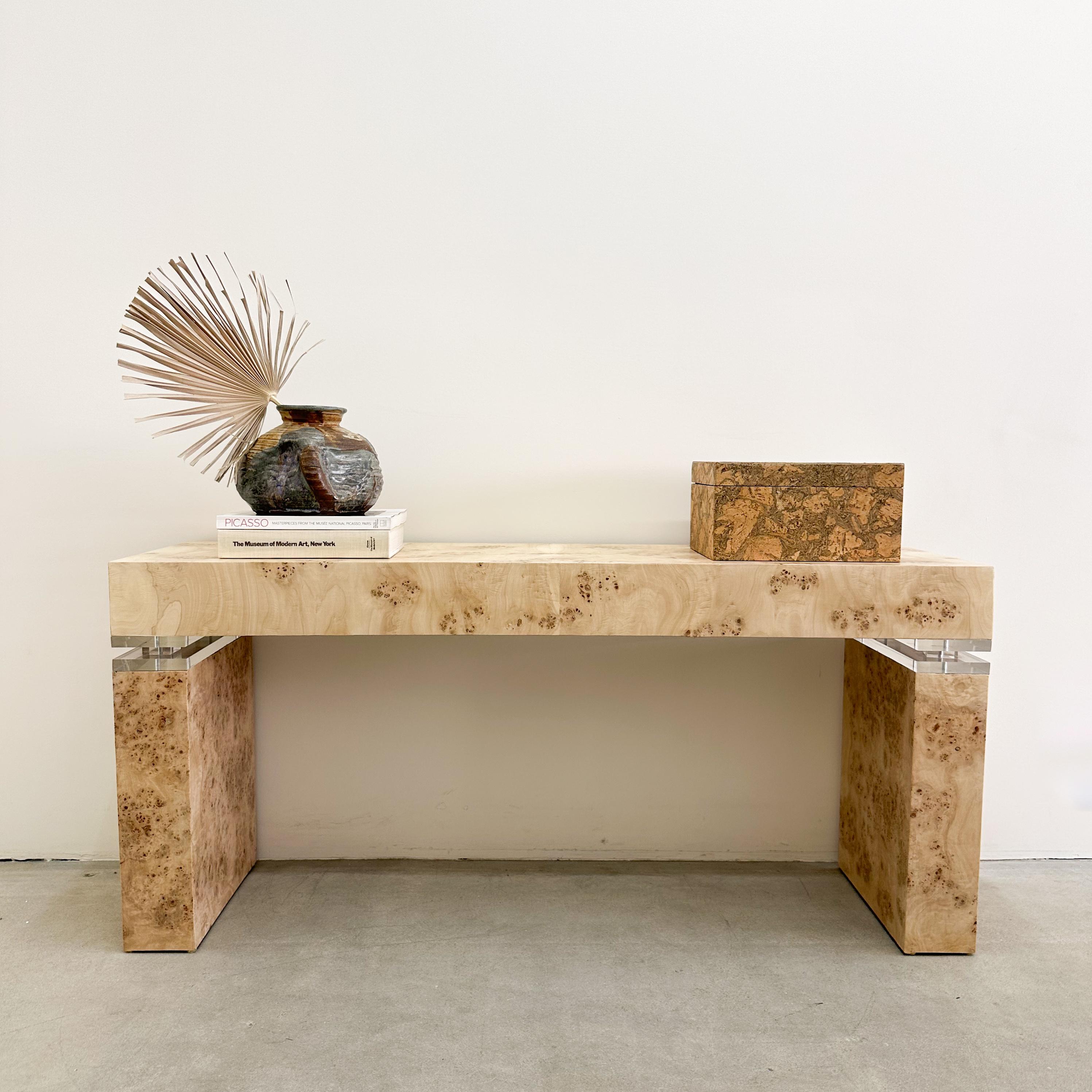 Vintage Mappa Burlwood Console With Lucite Trim.

Color: Natural golden burl.  

Measurements: 
Width: 60