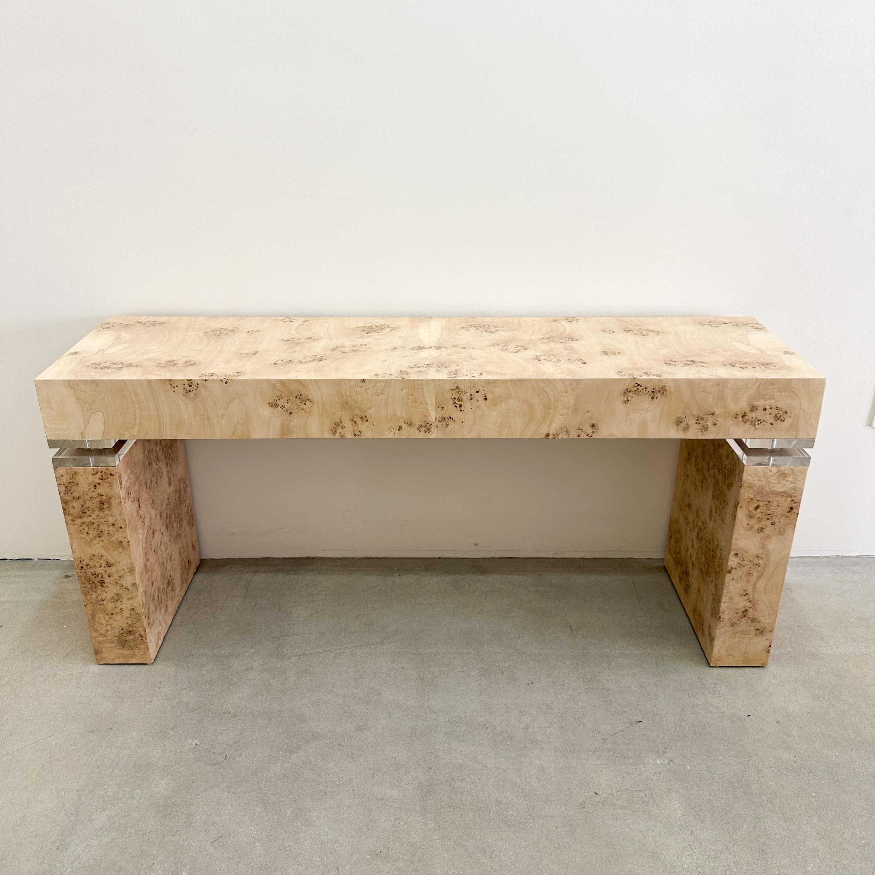 Mid-Century Modern Vintage Burlwood And Lucite Console Sofa Table Entryway Table MCM 1970s