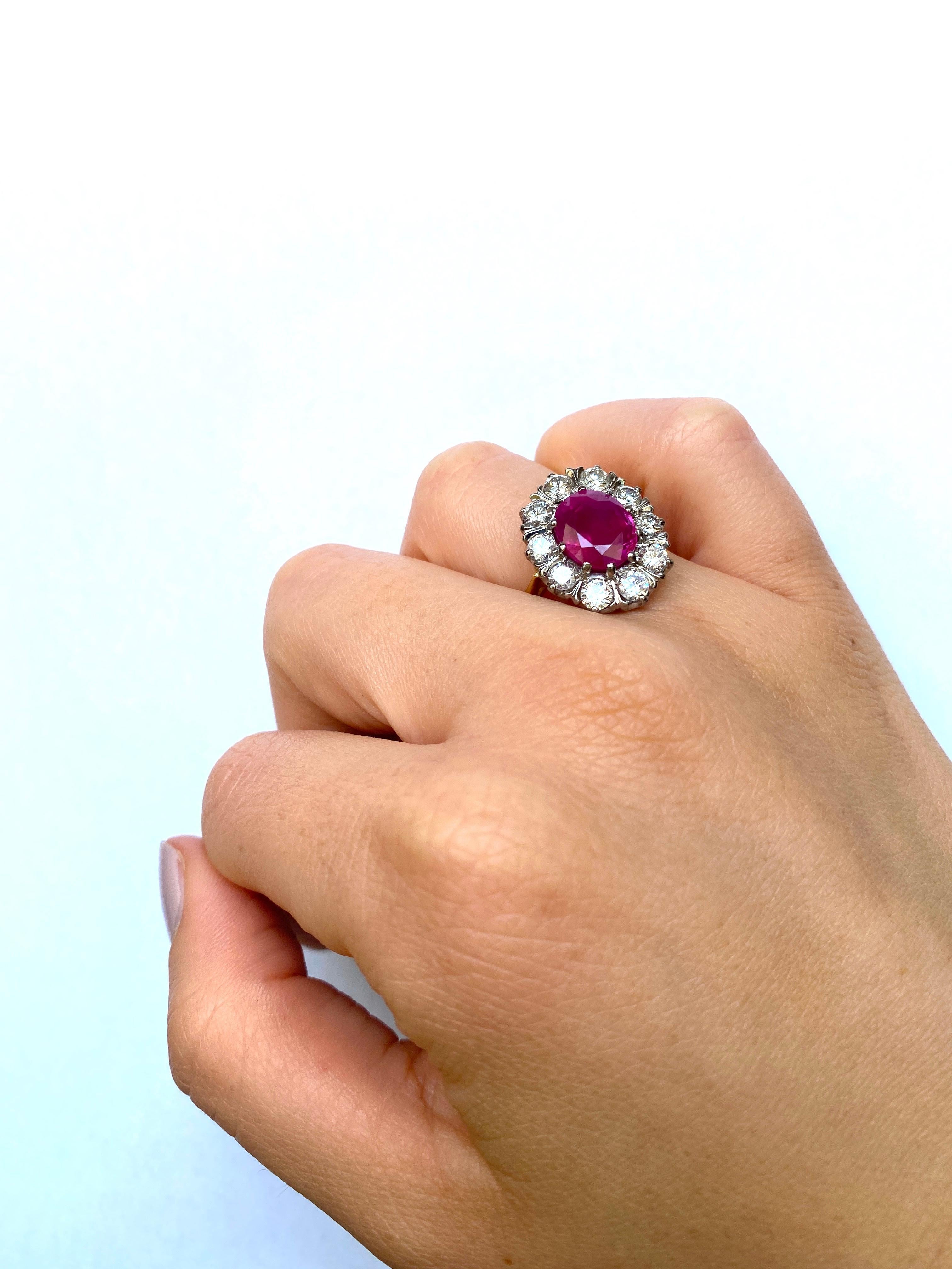 Oval Cut Vintage Burma Ruby and Diamond Cluster Ring, 4.33 Carats