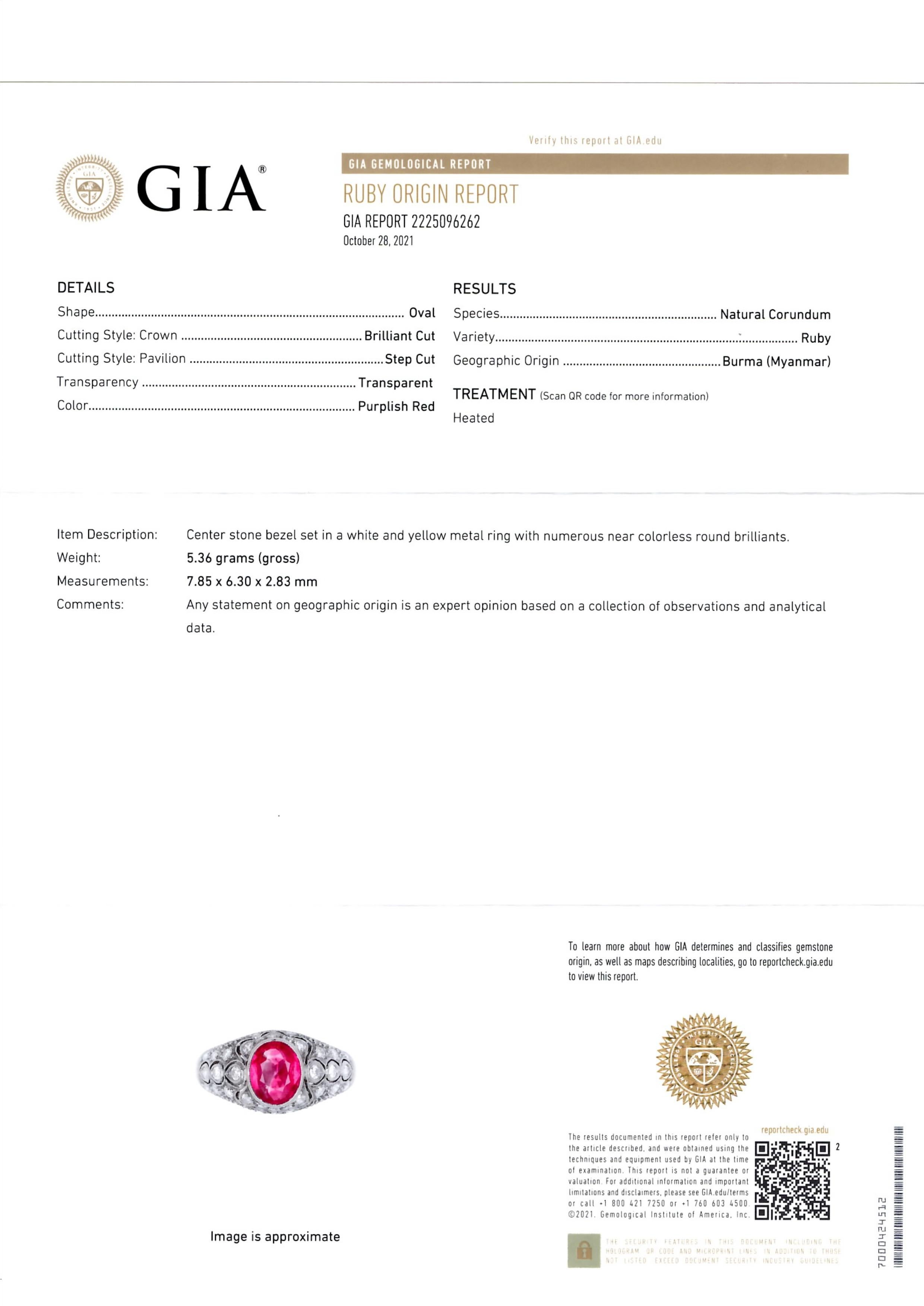 Vintage Burma ruby and diamond ring GIA Certificate For Sale 1