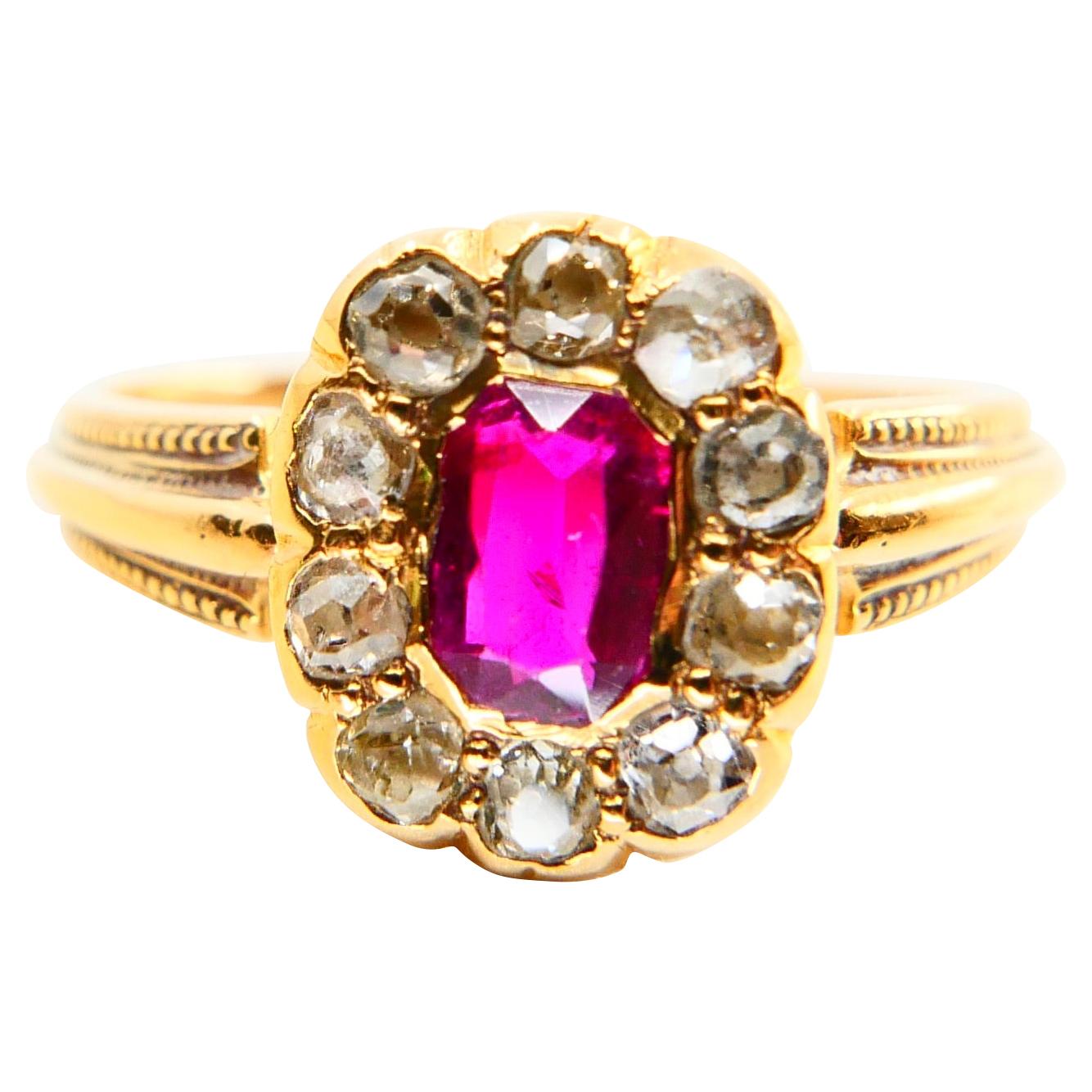 Vintage Burma Ruby and Old Mine Cut Diamond Ring, 18 Karat Yellow Gold