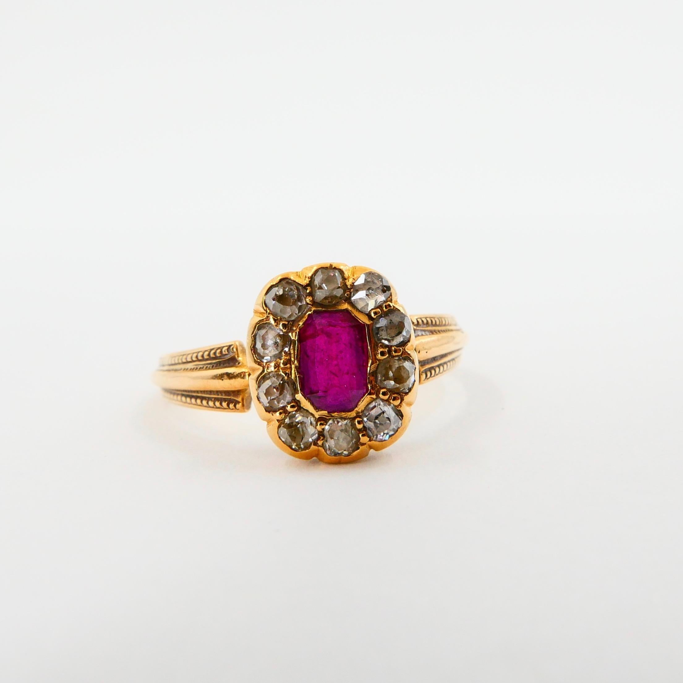 Vintage Burma Ruby and Old Mine Cut Diamond Ring, 18 Karat Yellow Gold 6