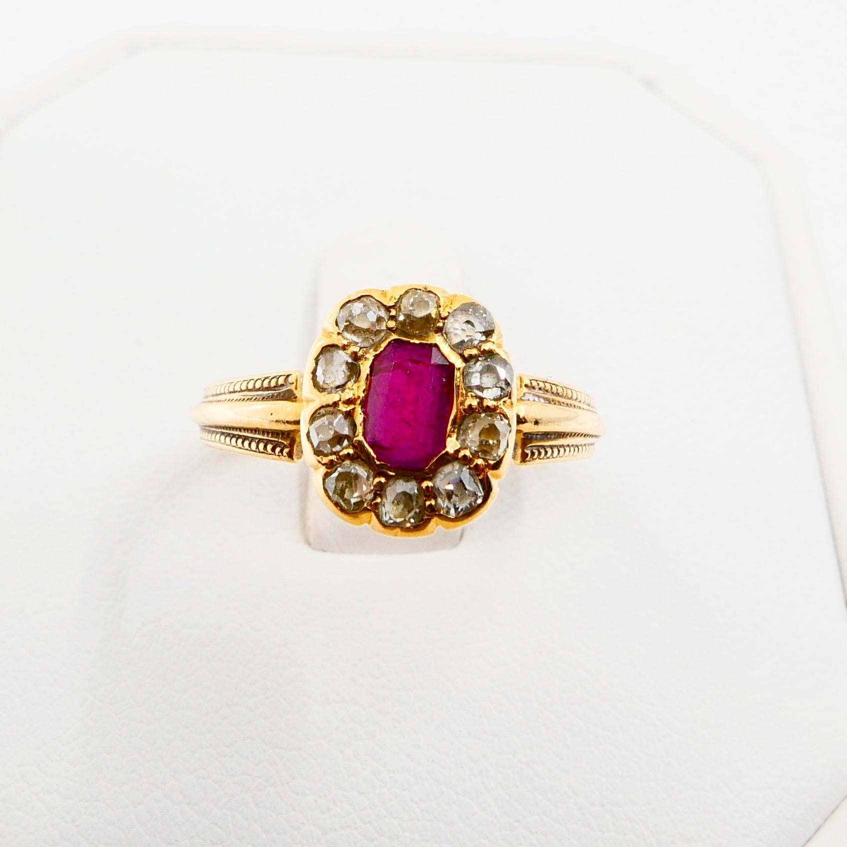 Vintage Burma Ruby and Old Mine Cut Diamond Ring, 18 Karat Yellow Gold 7