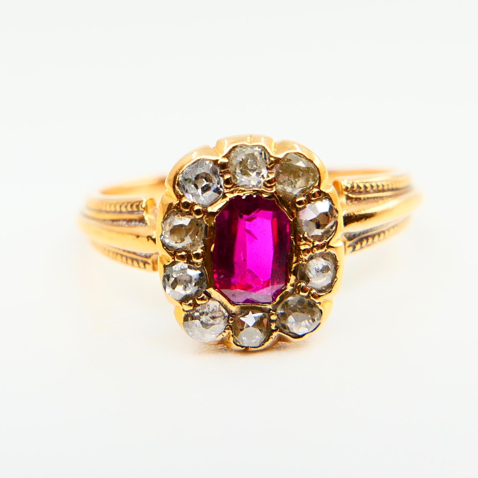 Vintage Burma Ruby and Old Mine Cut Diamond Ring, 18 Karat Yellow Gold 11