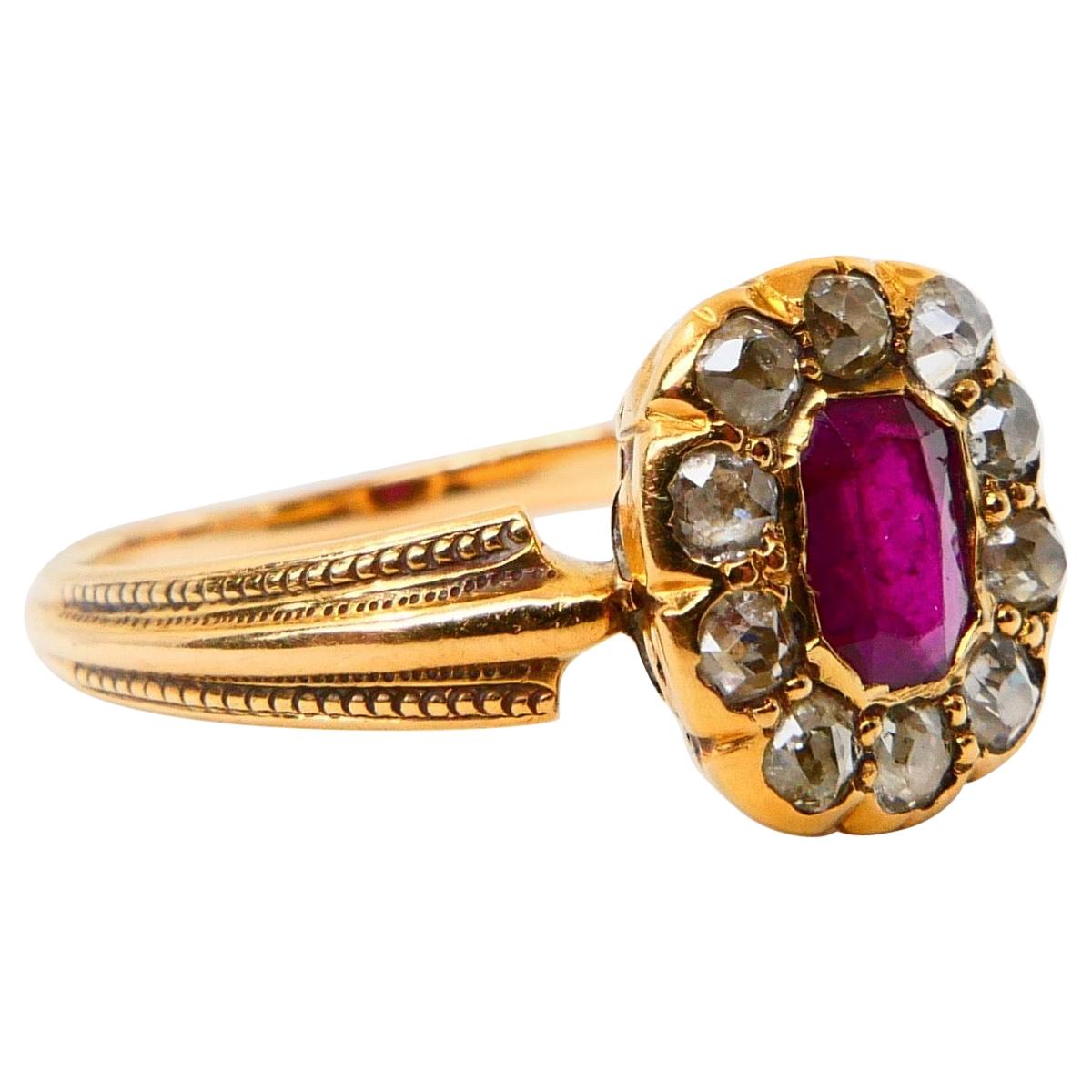 Contemporary Vintage Burma Ruby and Old Mine Cut Diamond Ring, 18 Karat Yellow Gold