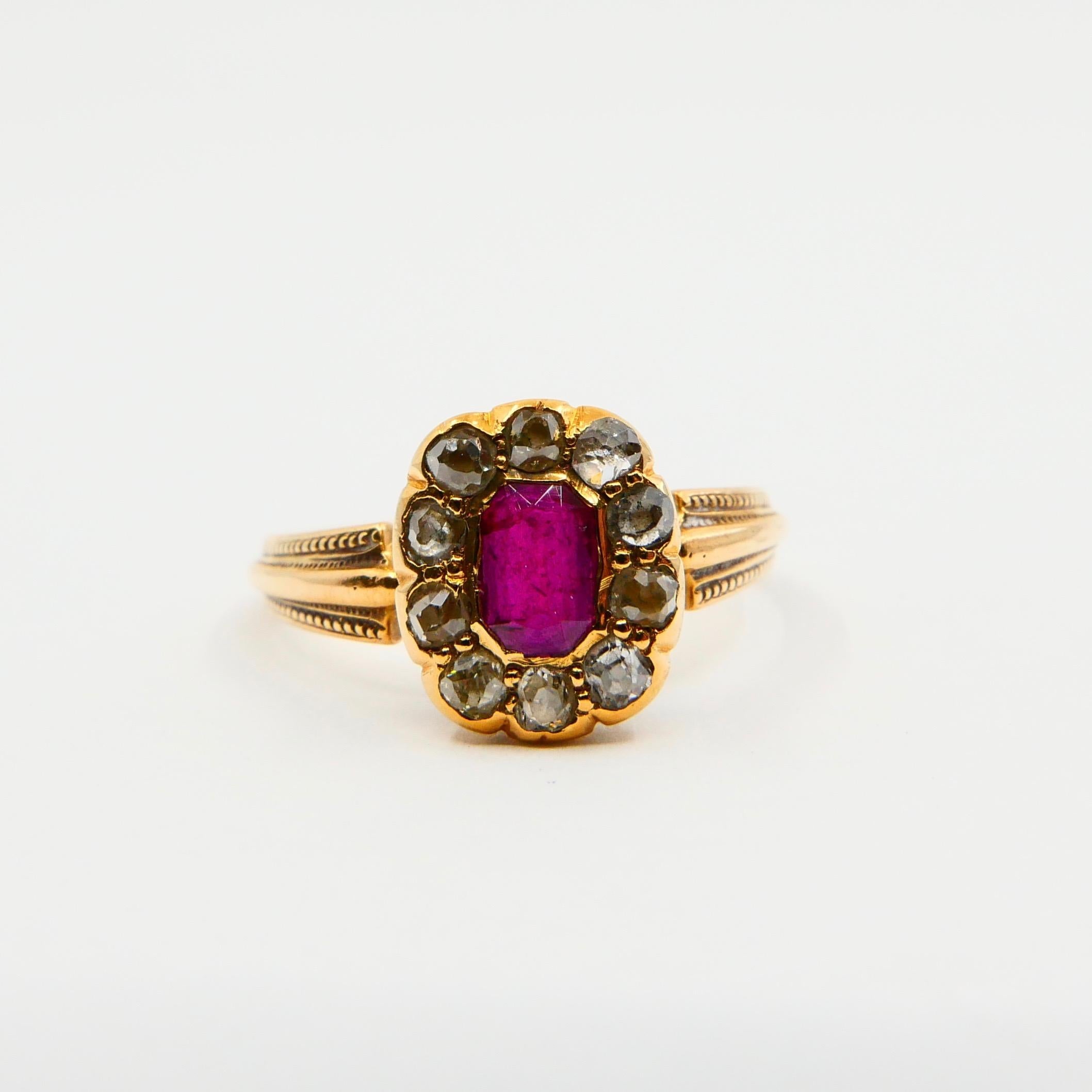 Women's Vintage Burma Ruby and Old Mine Cut Diamond Ring, 18 Karat Yellow Gold