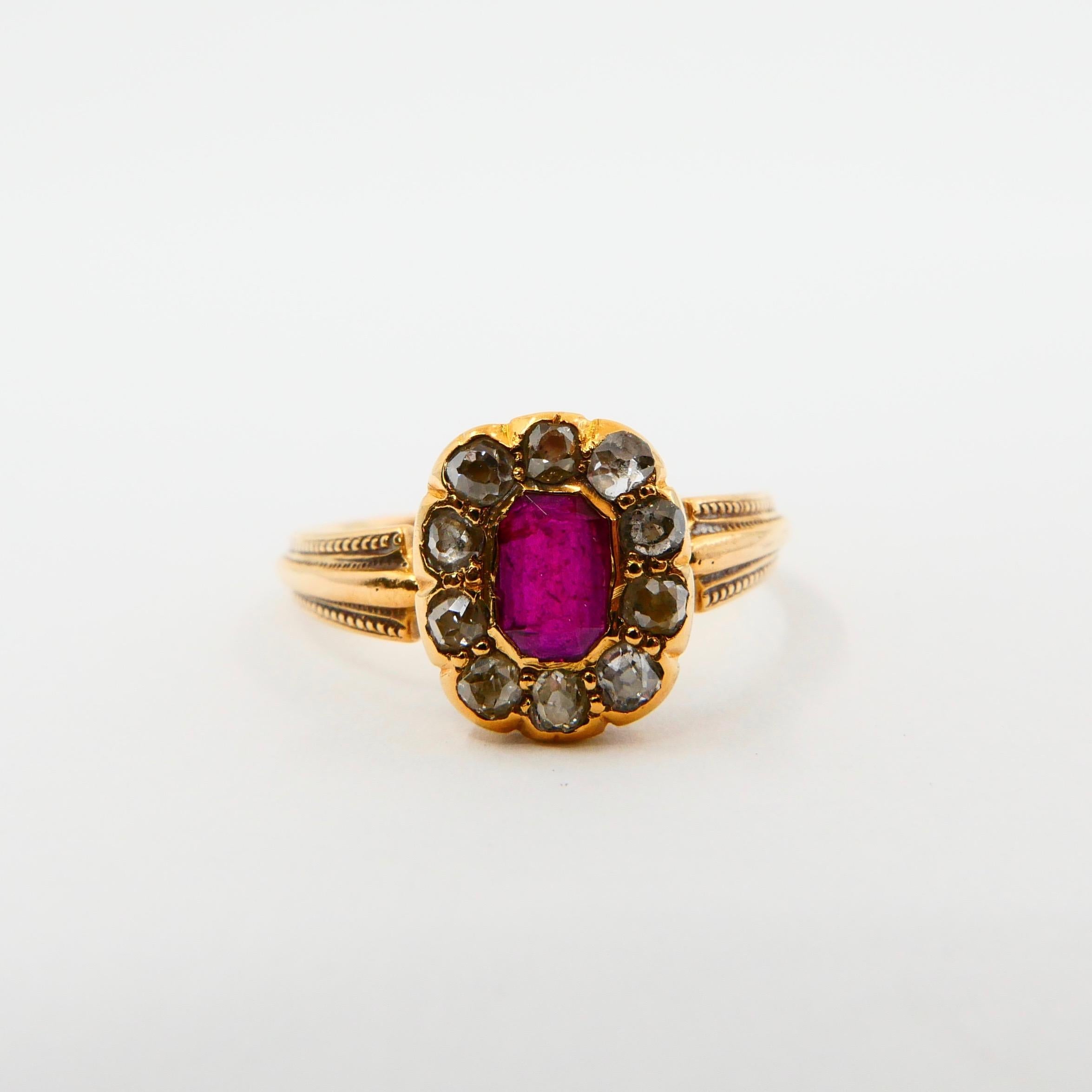 Vintage Burma Ruby and Old Mine Cut Diamond Ring, 18 Karat Yellow Gold 2