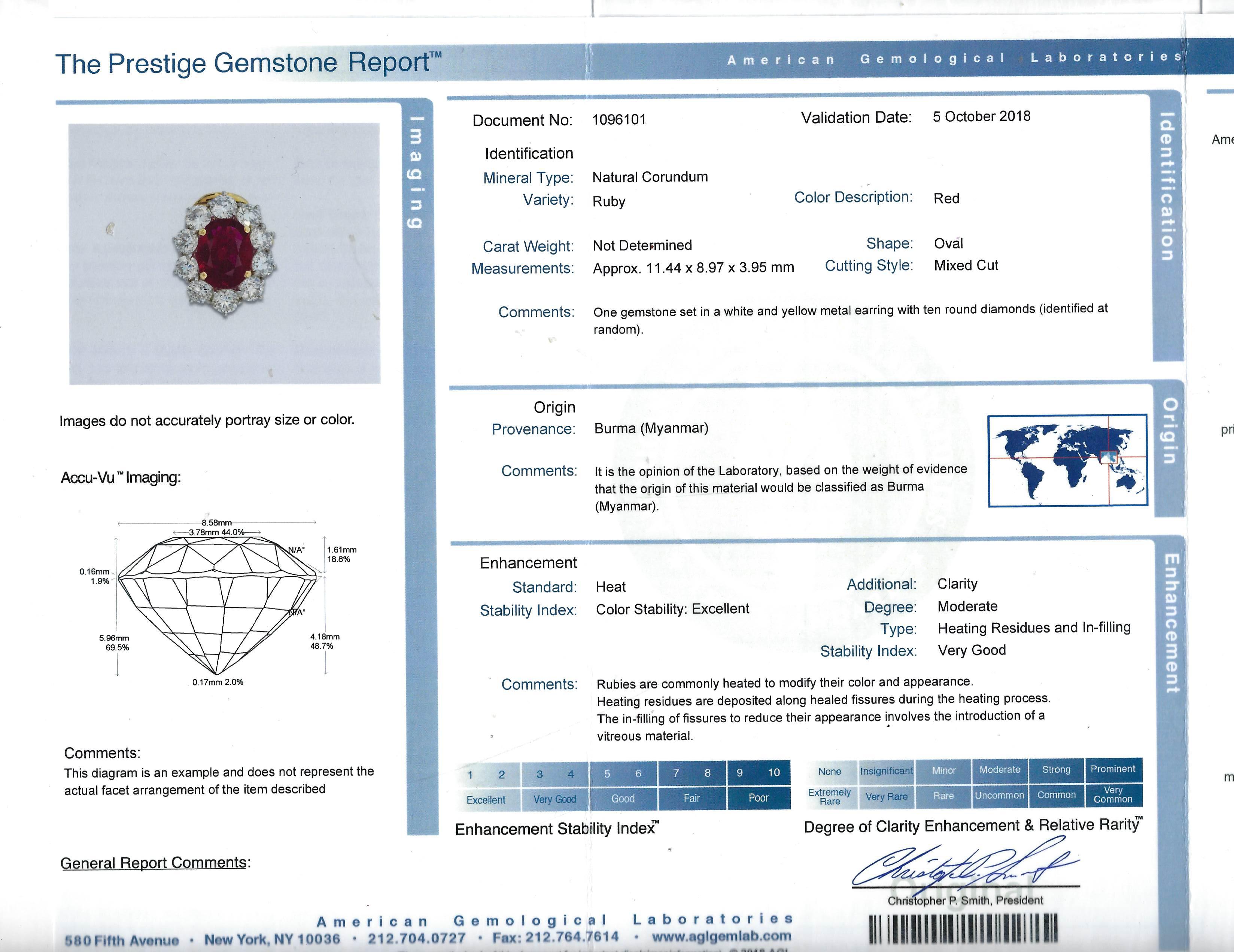 Vintage Burma Rubin Diamant Gold Cluster Ring AGL Estate Jewelry (Gemischter Schliff) im Angebot