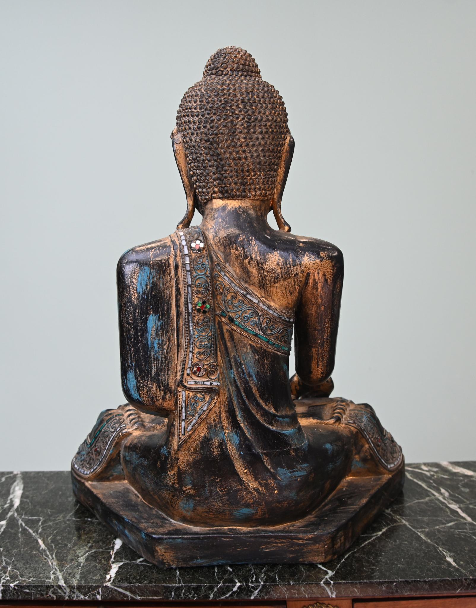 Vintage Burmese Buddha Statue Seated Meditation Lotus Pose Madera en venta