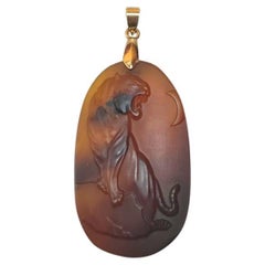 Vintage Burmese Carved Amber Tiger Pendant