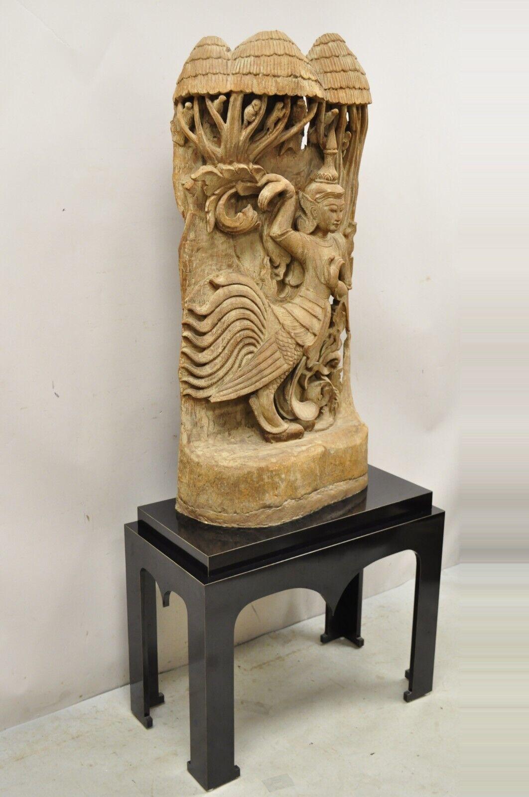 Vintage Burmese Carved Wood Oriental Large Figural Statue Sculpture on Base In Good Condition For Sale In Philadelphia, PA