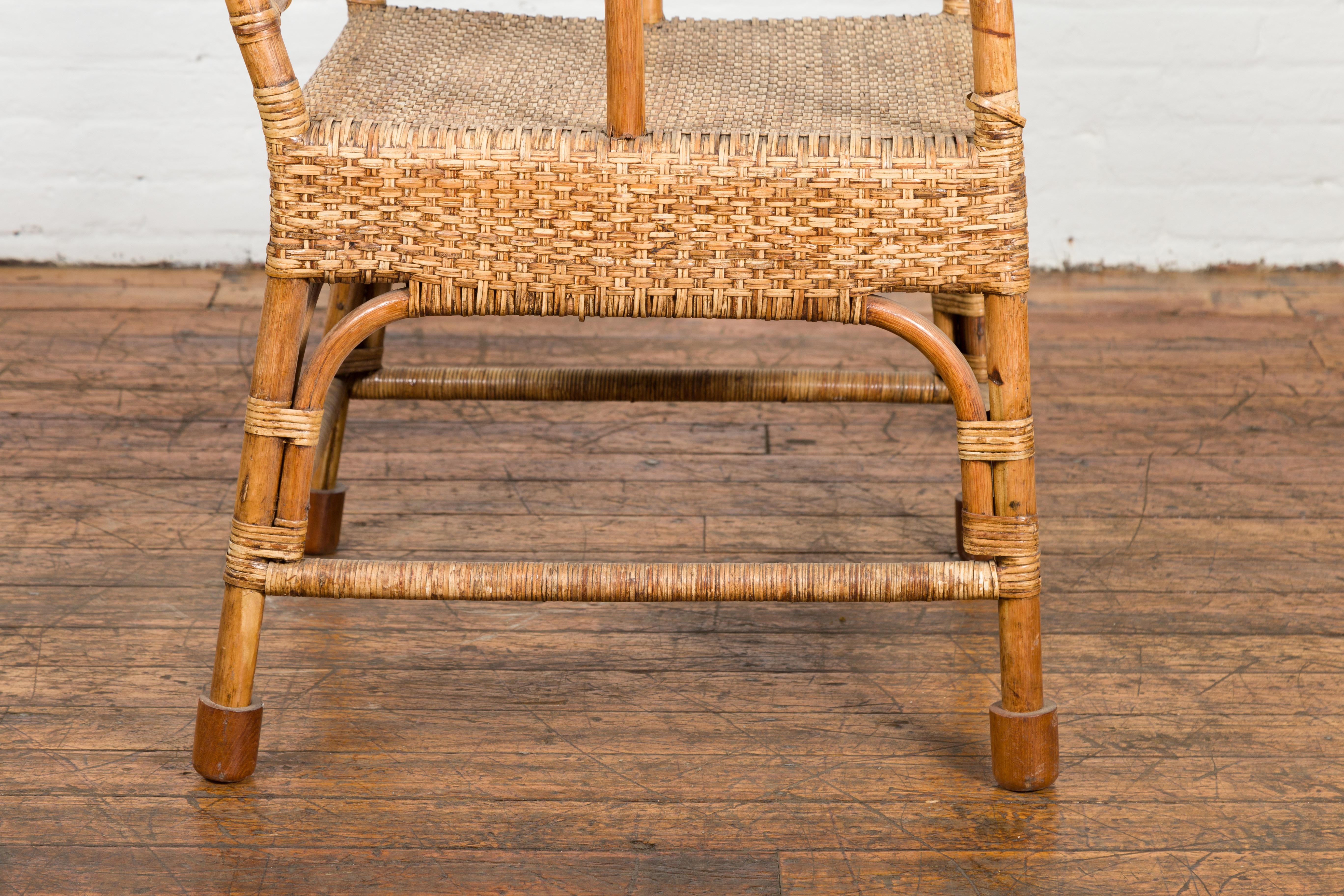 Vintage Burmese Country Style Hand-Woven Rattan Armchair with Rounded Back For Sale 7