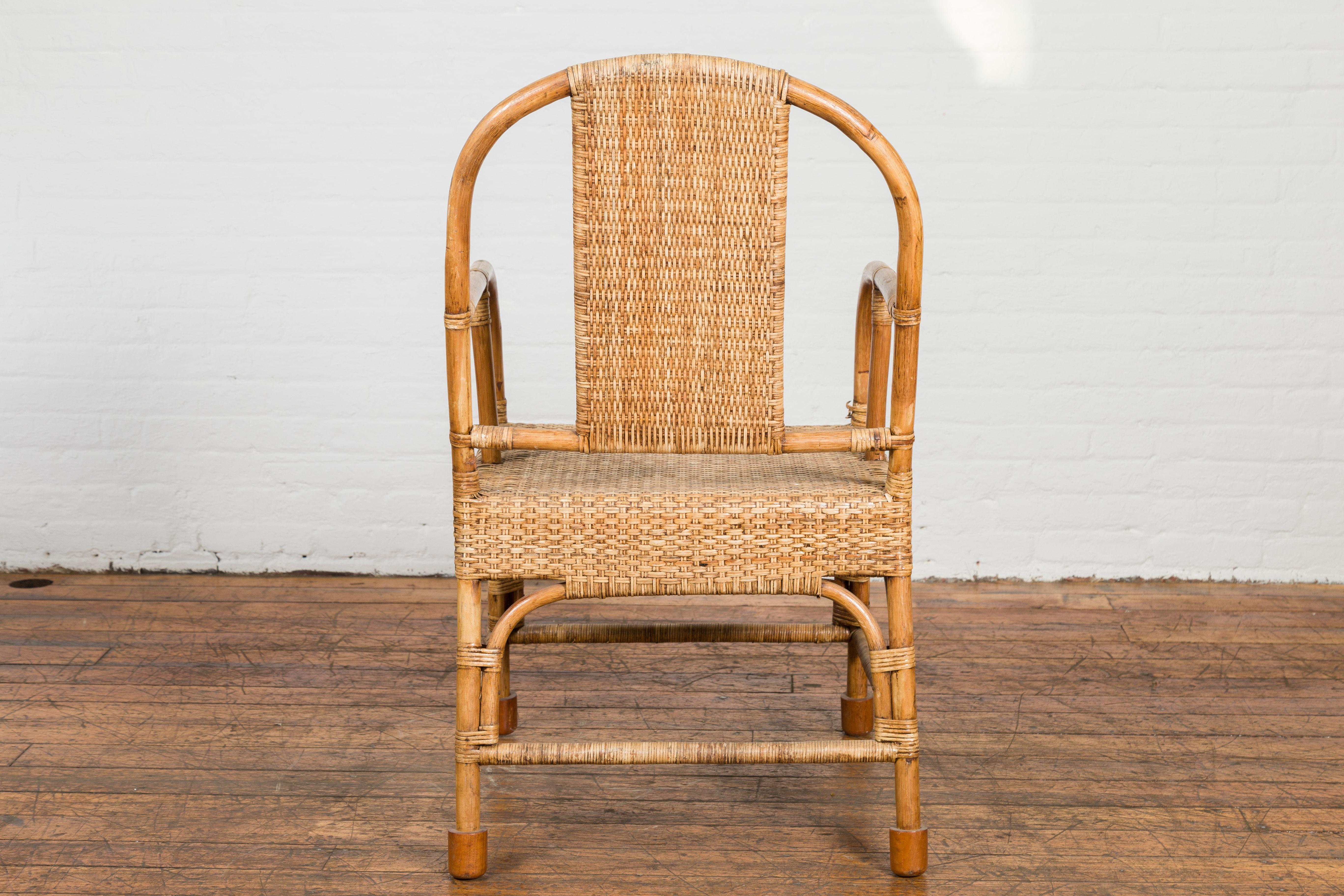 Vintage Burmese Country Style Hand-Woven Rattan Armchair with Rounded Back For Sale 8