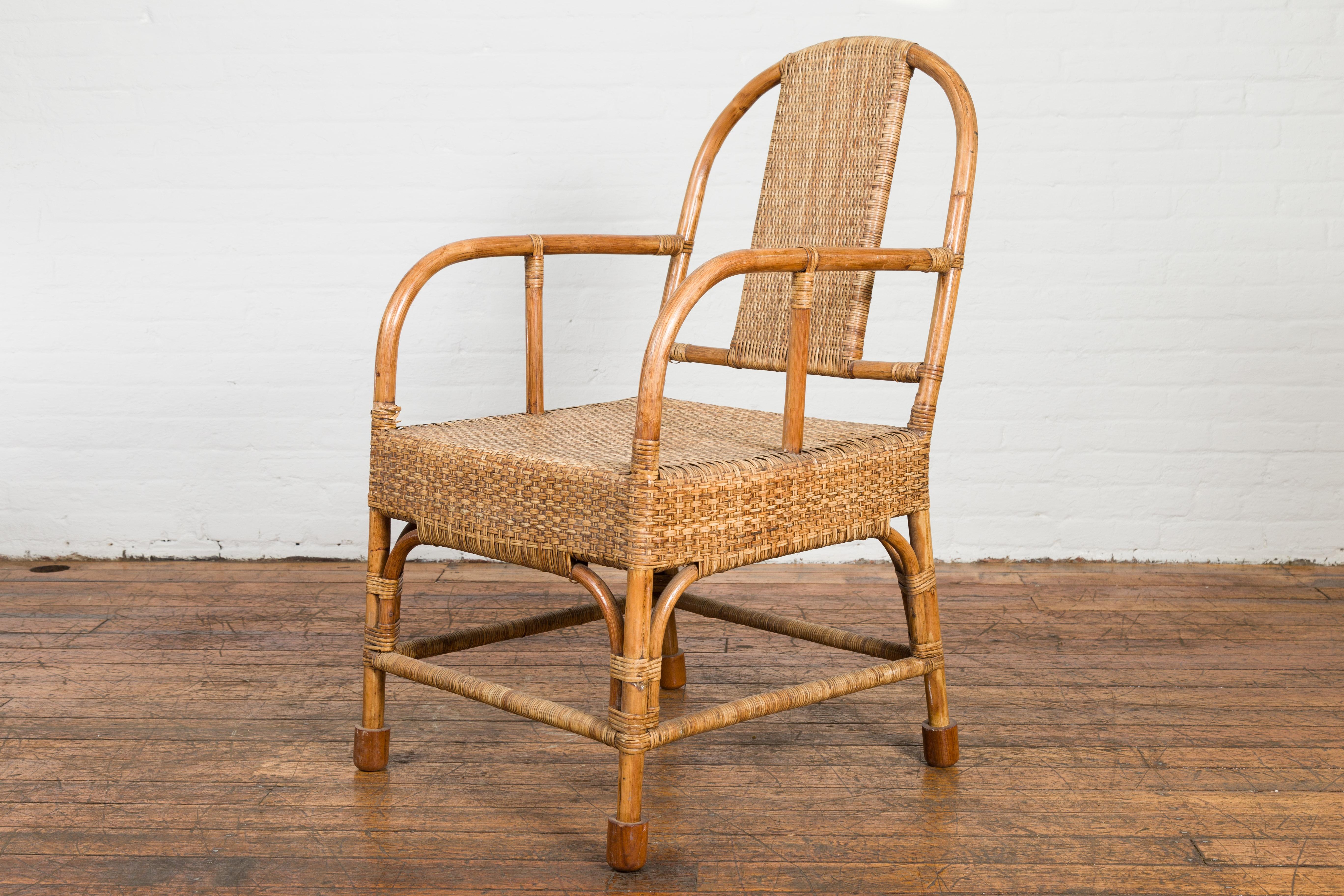 Vintage Burmese Country Style Hand-Woven Rattan Armchair with Rounded Back For Sale 10