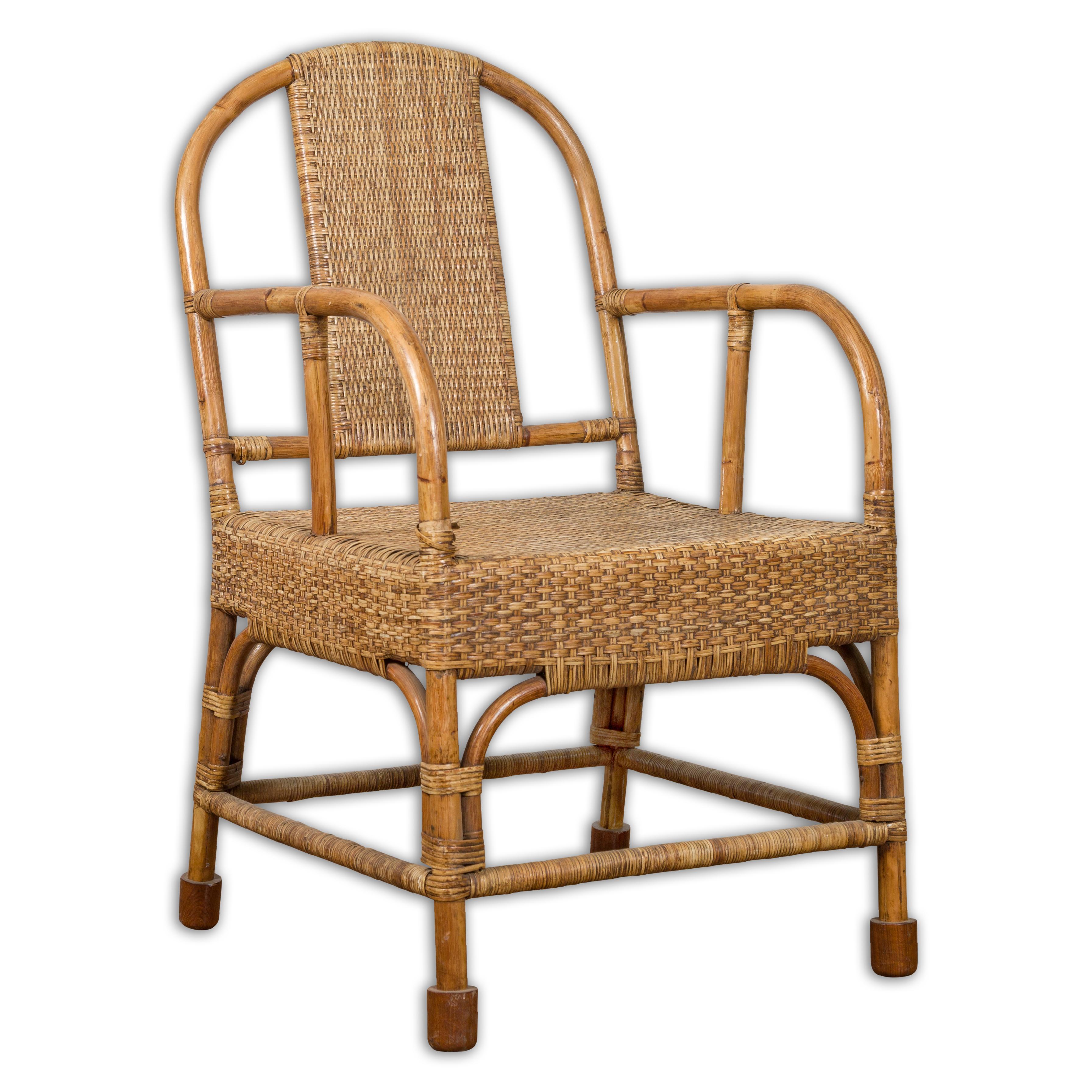 Vintage Burmese Country Style Hand-Woven Rattan Armchair with Rounded Back For Sale 13